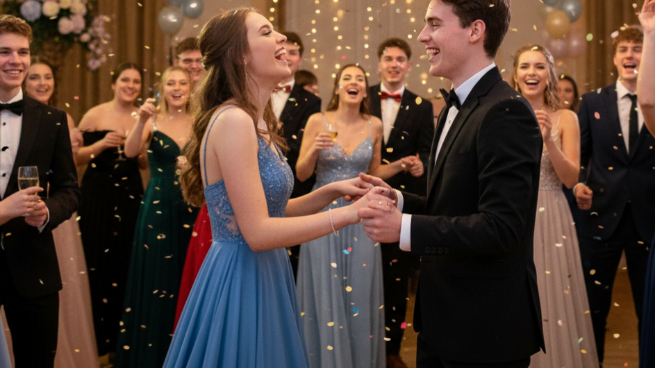 Group of teenagers celebrating in formal wear, including a light blue A-line prom dress and classic black tuxedos.