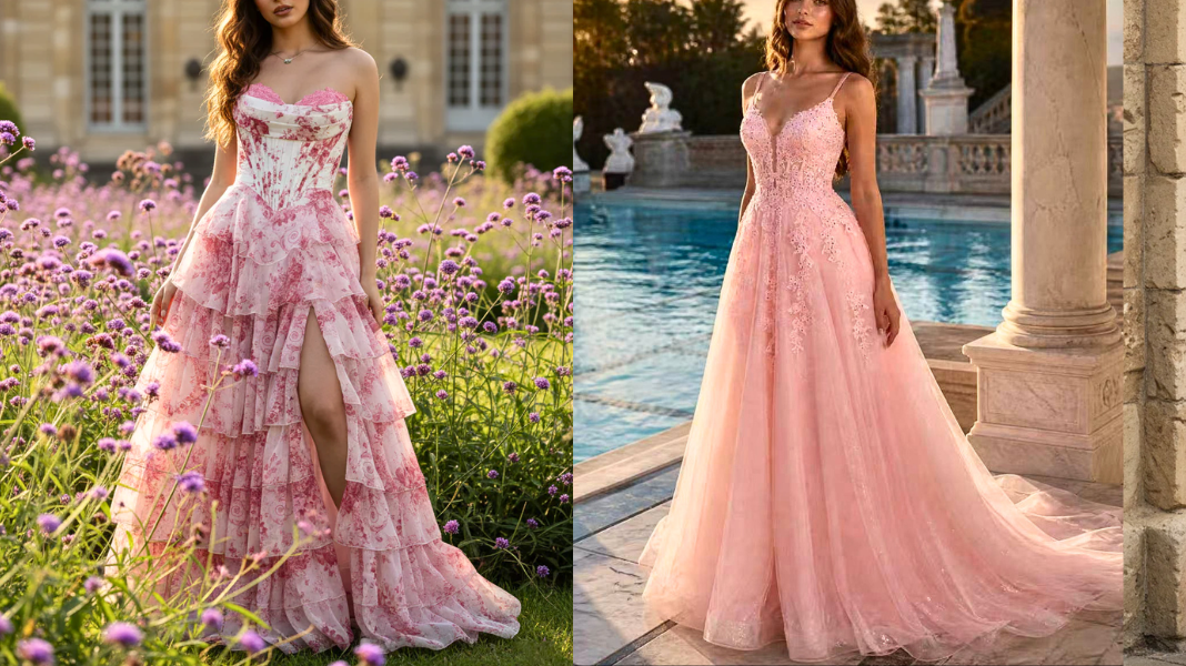 A beautiful display of four hot pink and fuchsia prom and evening dresses, including tiered floral ruffles, lace corset bodices, and satin skirts with high slits, set against romantic outdoor estate and poolside backdrops