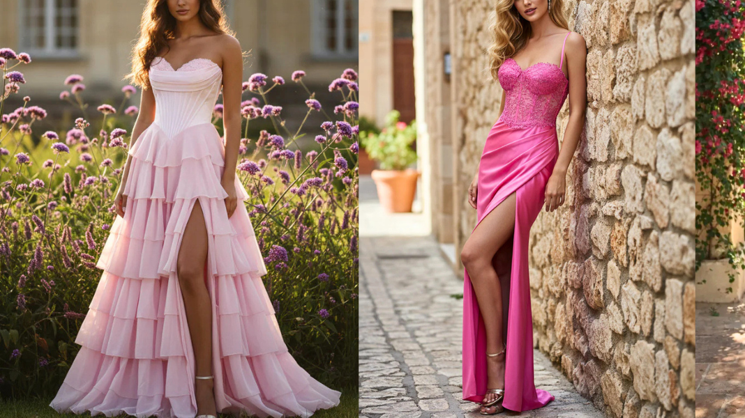 A beautiful display of four pink prom and evening dresses, including a short floral ruffled dress, a tiered high-slit gown, a hot pink satin dress, and a sparkling sequin mermaid gown, set against romantic outdoor backdrops.