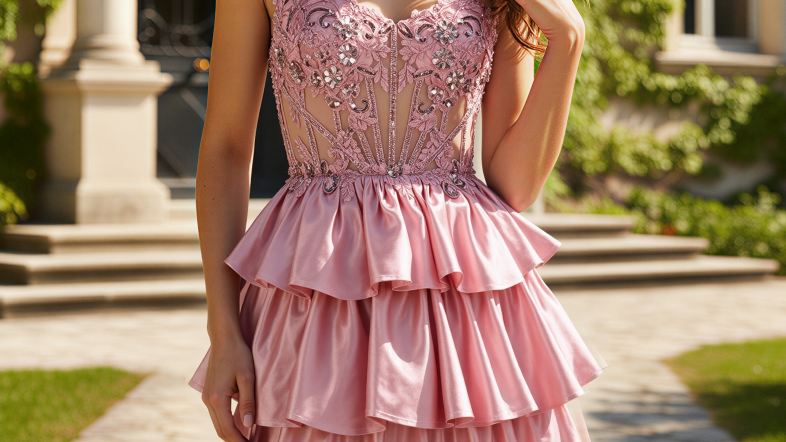 Pink tiered cocktail dress with embellished beaded lace bodice and ruffles in a garden.