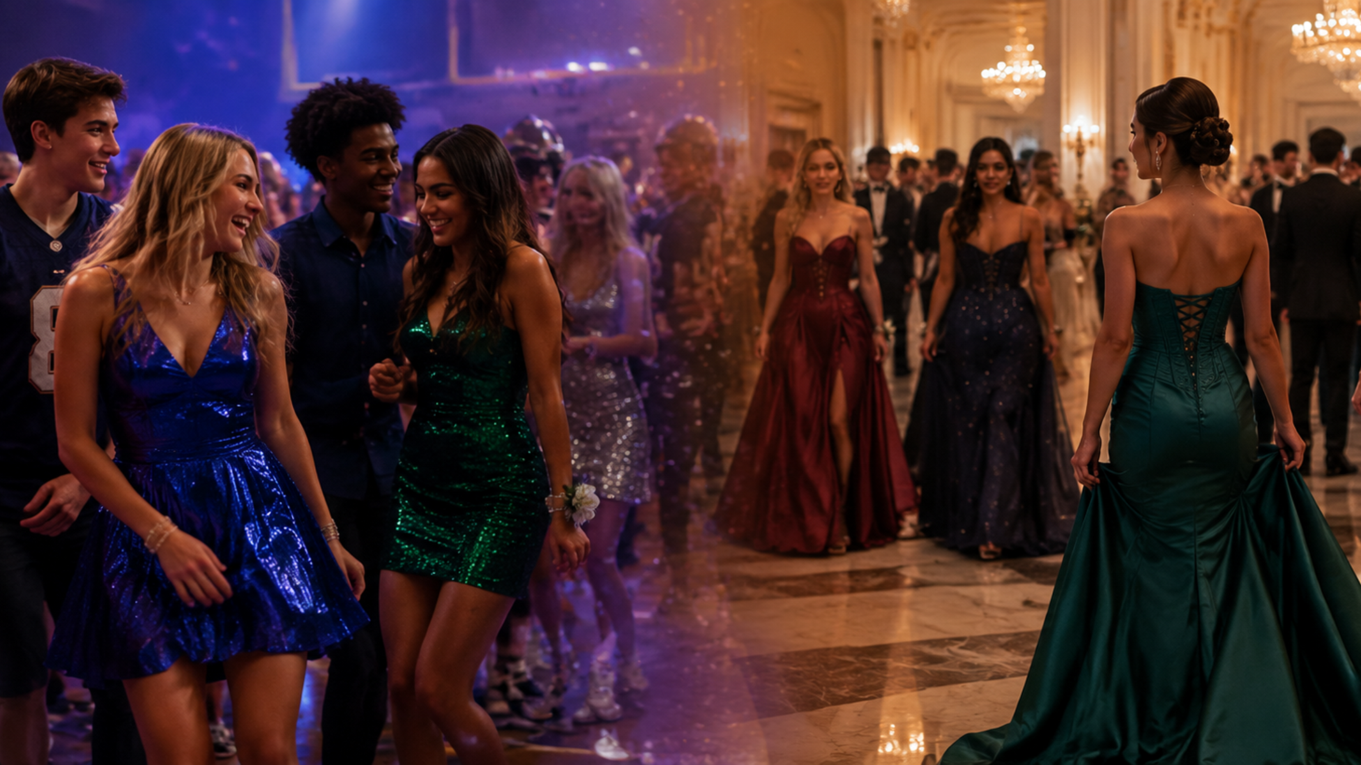 Prom dress styles comparison featuring sparkly short sequin dresses and elegant floor-length satin evening gowns.