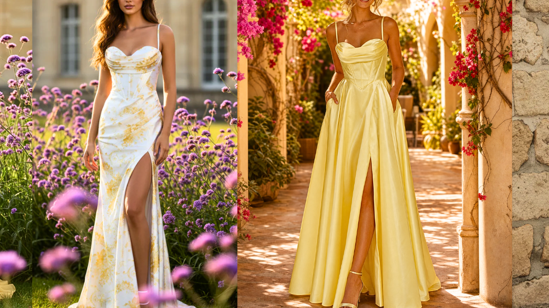A beautiful display of four yellow prom and evening dresses, including tiered ruffles, corset bodices, and satin skirts with high slits, set against romantic outdoor backdrops.