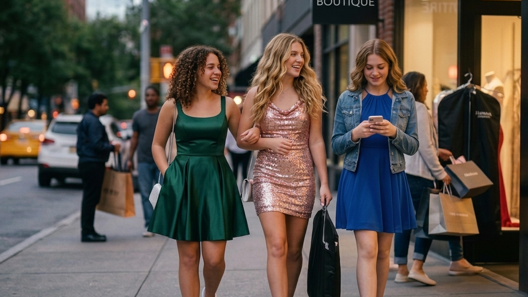 Three young women in stylish party dresses—emerald green satin, pink sequins, and royal blue—shopping on a city sidewalk near a fashion boutique