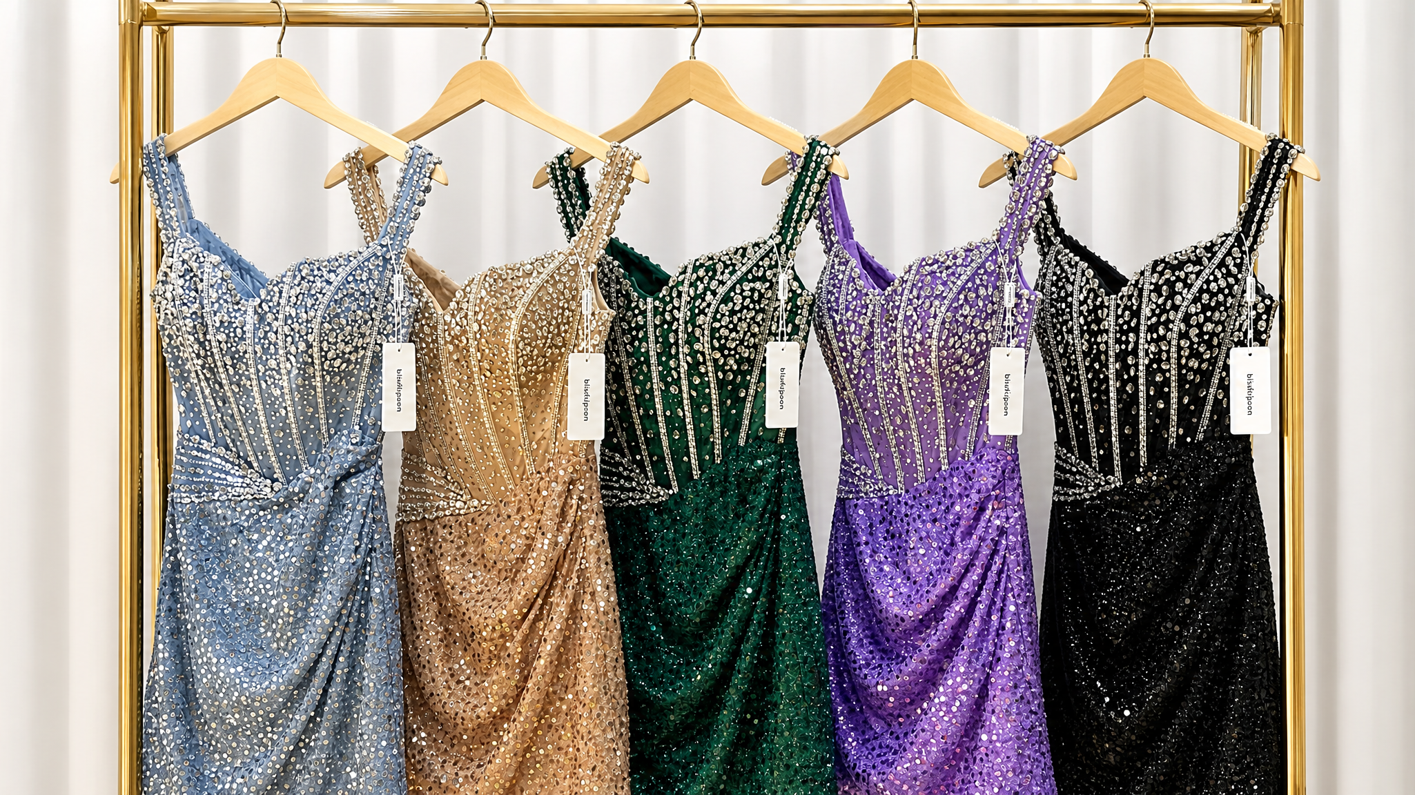 Five heavily embellished sequin mini dresses with rhinestone corset bodices hanging on a gold clothing rack. The colors from left to right are dusty blue, champagne gold, emerald green, lavender purple, and classic black.