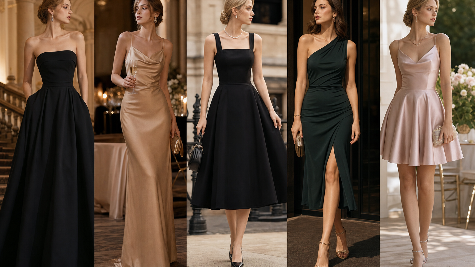 A collage of elegant prom and formal evening gowns, featuring a strapless black ball gown, a champagne gold satin slip dress, a black square-neck midi dress, a dark green one-shoulder dress with a high slit, and a pale pink satin mini cocktail dress.