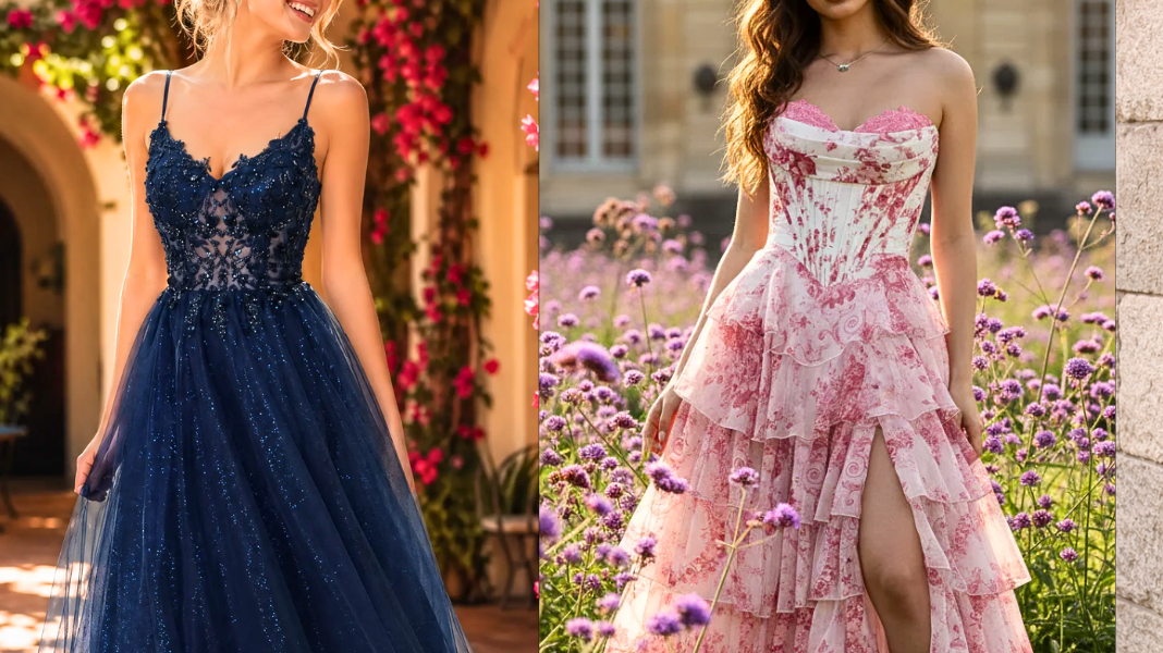 Four multi-colored evening gowns and prom dresses featuring a emerald green slit dress, a navy blue glitter tulle gown, a pink tiered floral dress, and a yellow corset satin dress, set against a romantic outdoor estate and garden background.