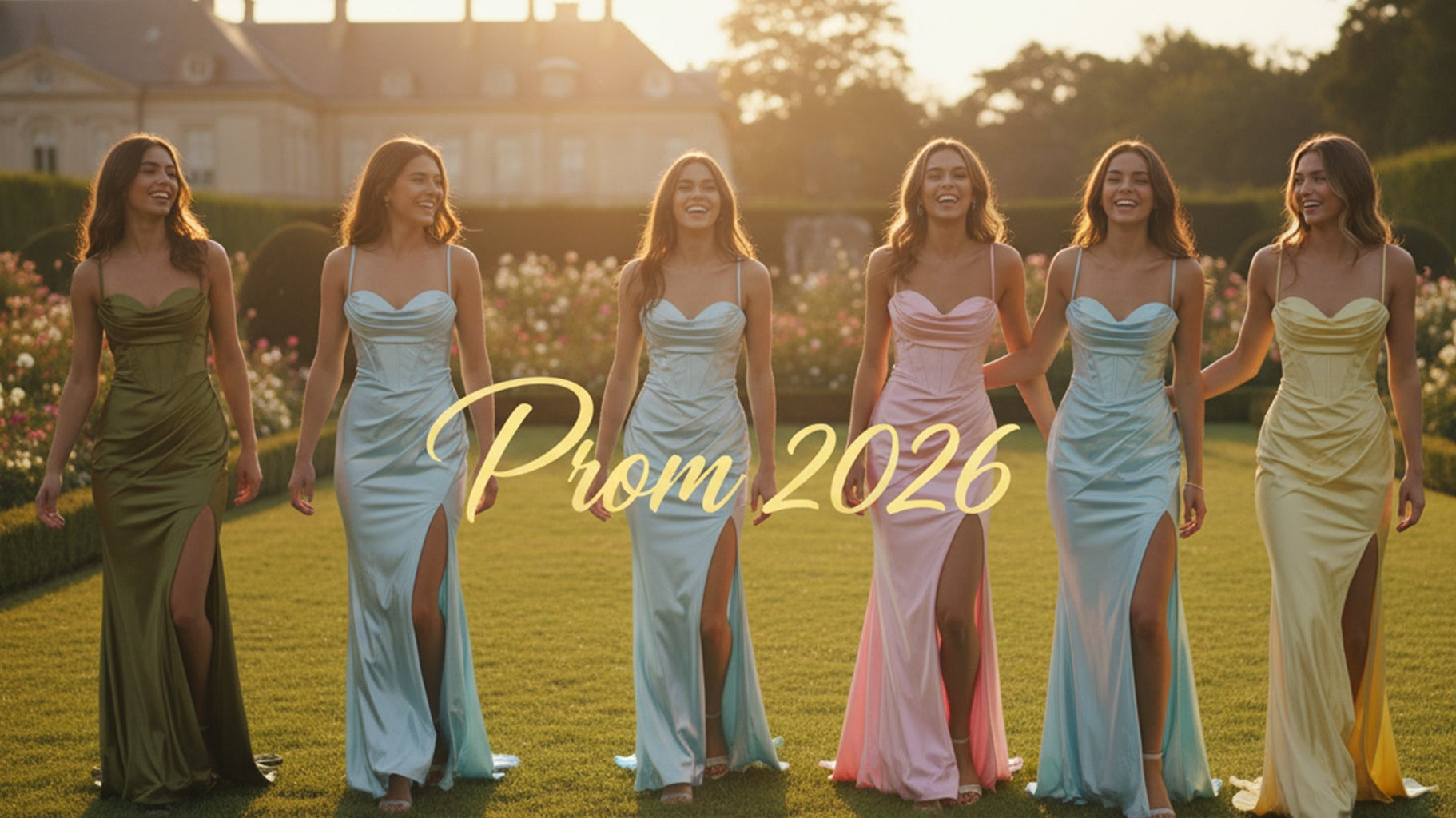 Group of friends in pastel satin prom dresses with side slits and sweetheart necklines in a garden at sunset. Text: Prom 2026.