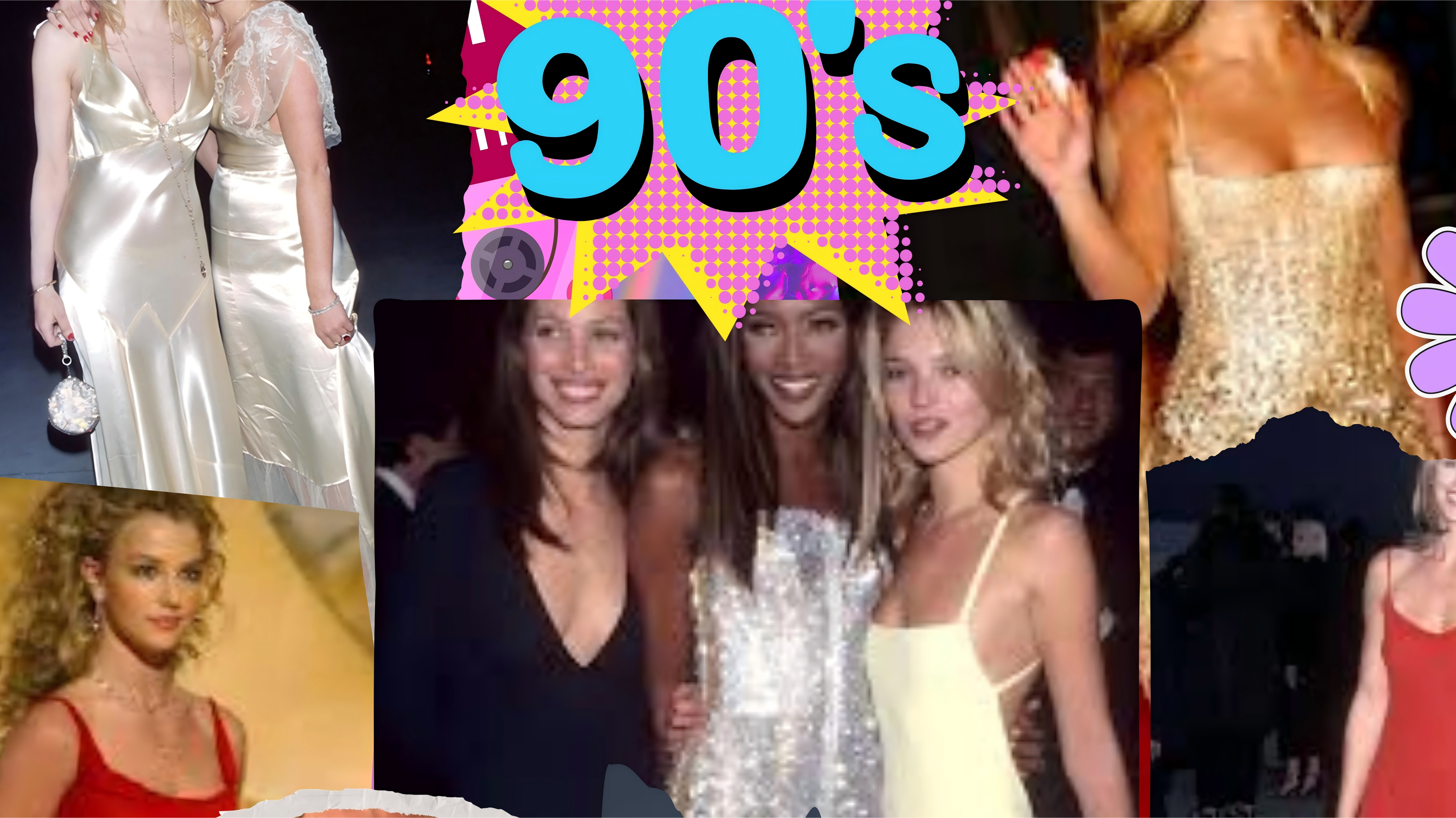 Vintage 90s fashion mood board featuring iconic supermodels in satin slip dresses, sequin gowns, and red carpet formal wear.