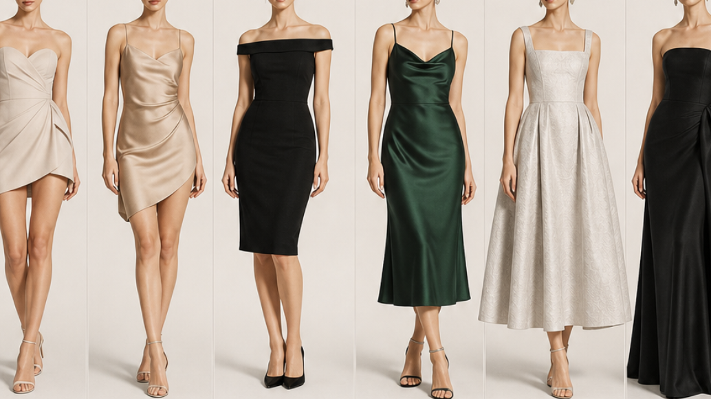 A lineup of six elegant evening dresses in various styles, lengths, and colors ranging from champagne, black, deep green, to textured silver-white, displayed side-by-side on models against a plain background.