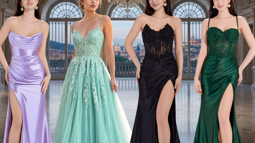 Starting from the left, the dresses are: a strapless lavender satin mermaid gown with a sweetheart cowl and high leg slit; a light mint green ball gown with a V-neckline, embellished bodice, and full tulle skirt;