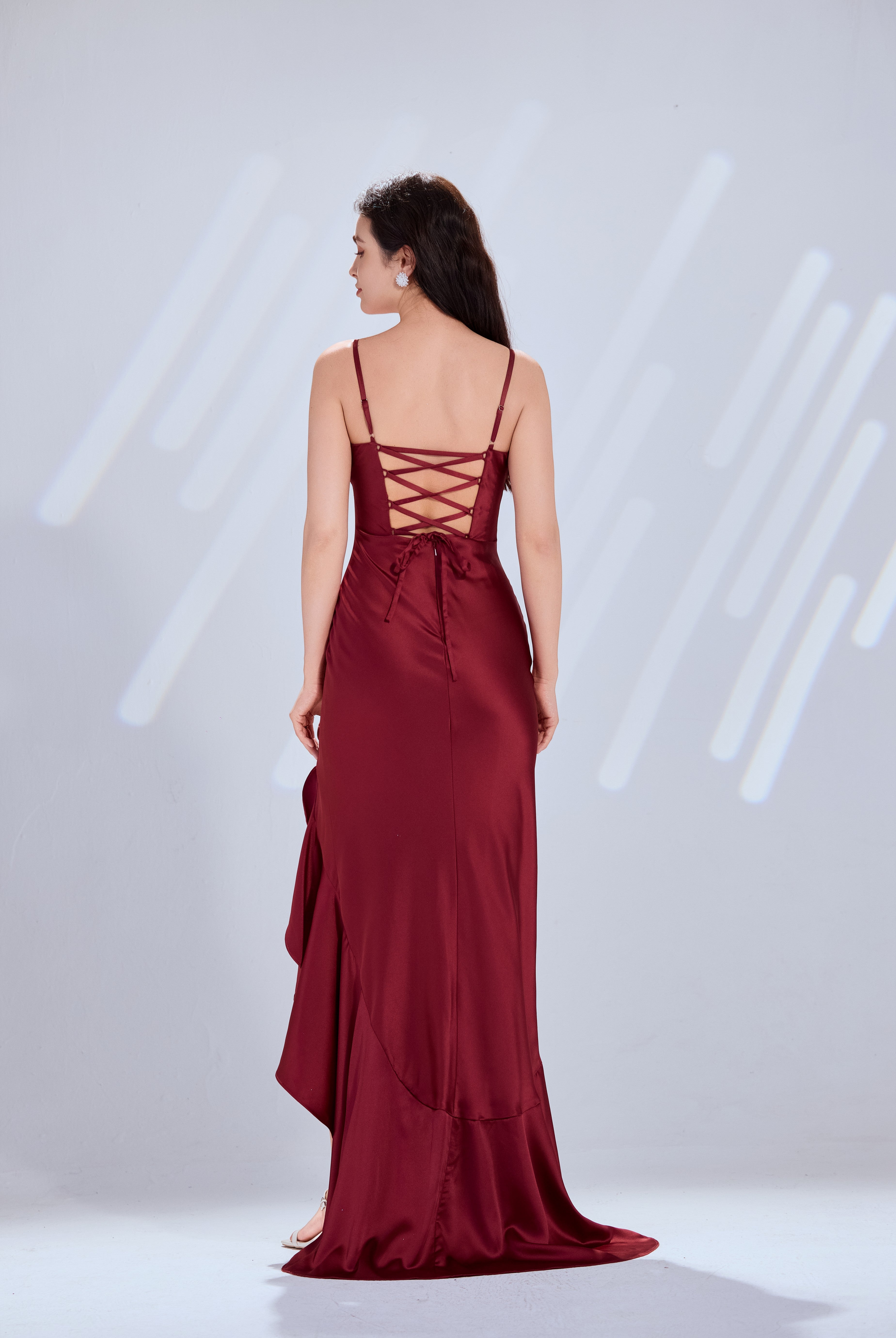 Chic Cowl Neck Ruffle Slit Satin Prom Gown TFB 6009 | blissfulprom
