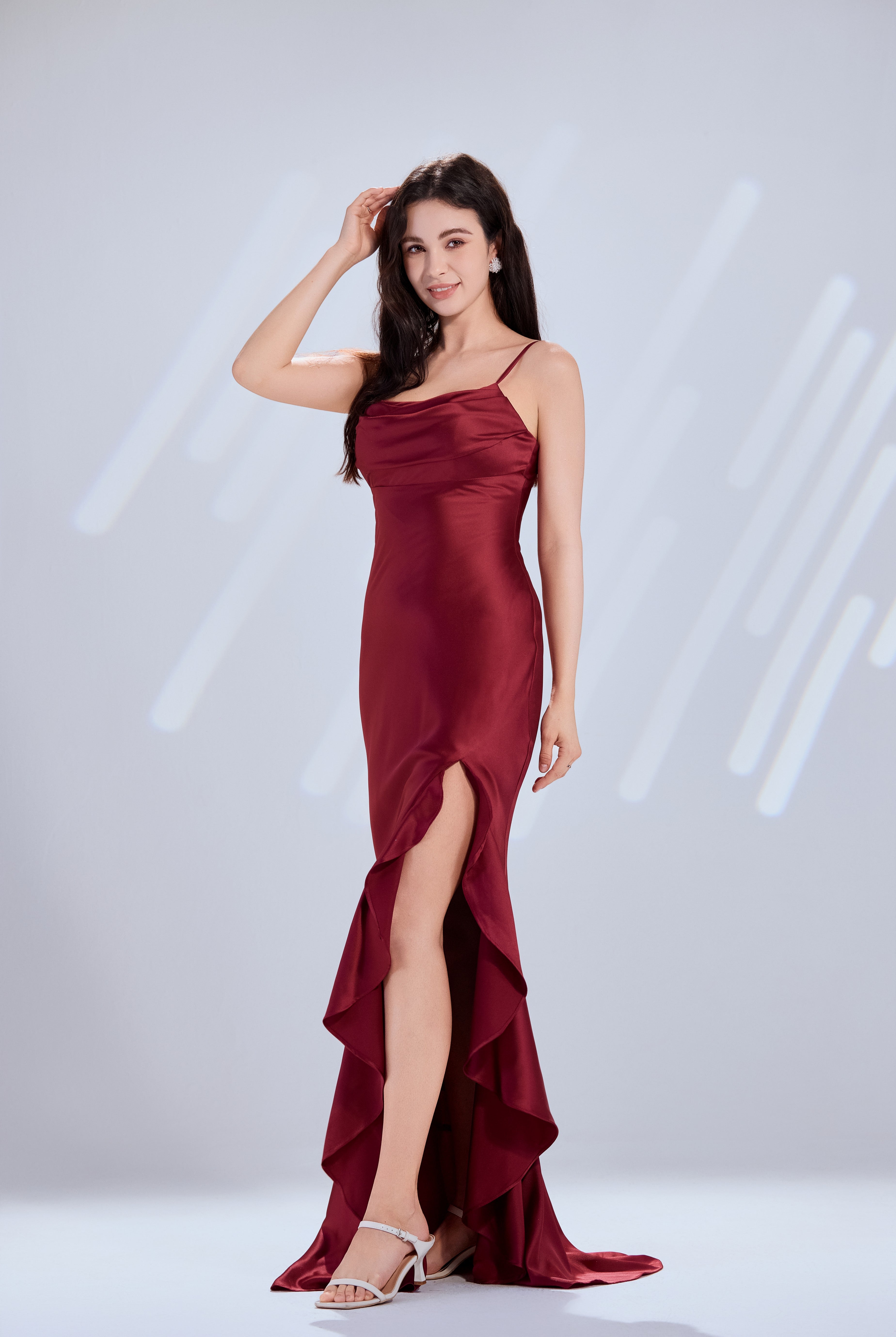 Chic Cowl Neck Ruffle Slit Satin Prom Gown TFB 6009 | blissfulprom
