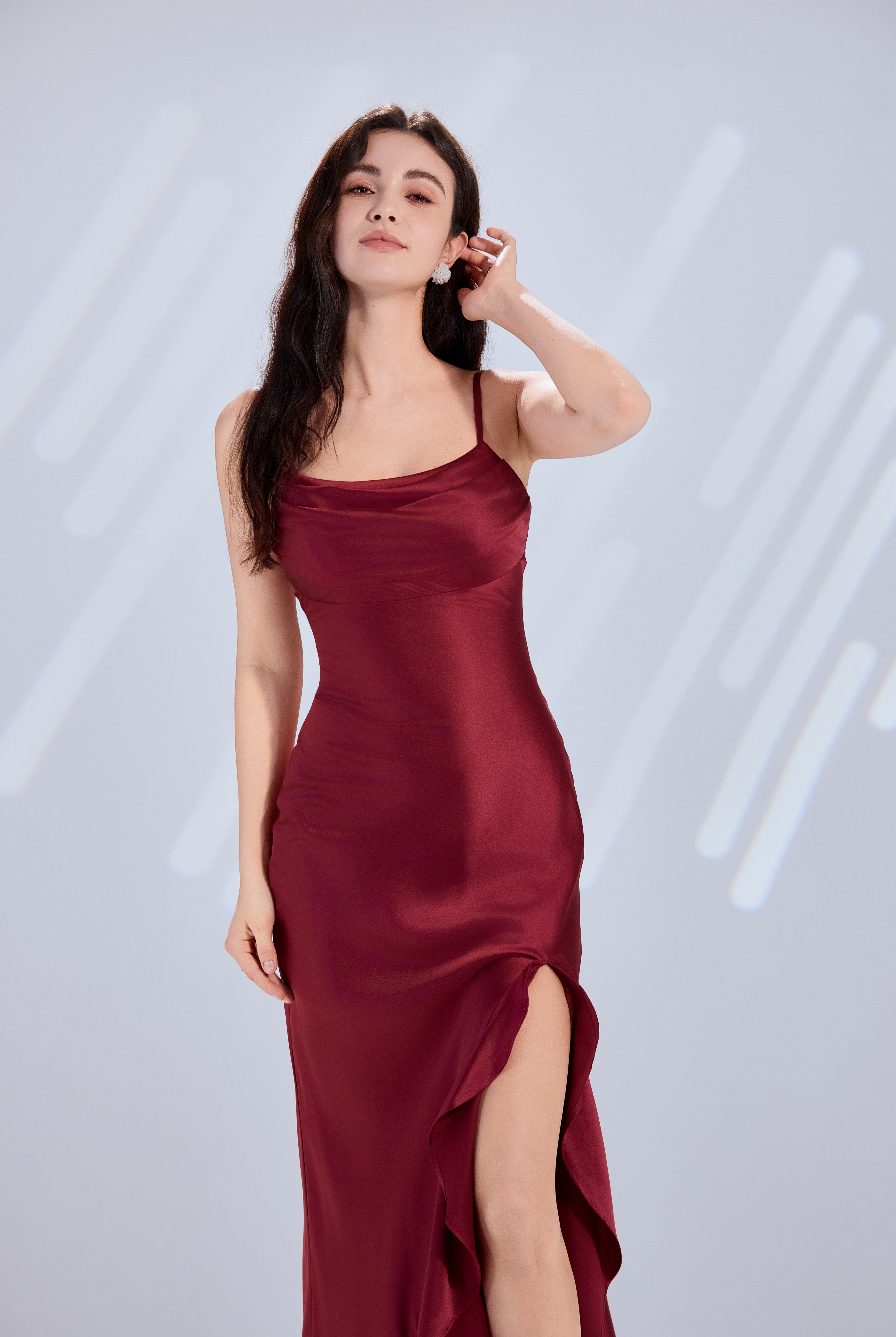Chic Cowl Neck Ruffle Slit Satin Prom Gown TFB 6009 | blissfulprom