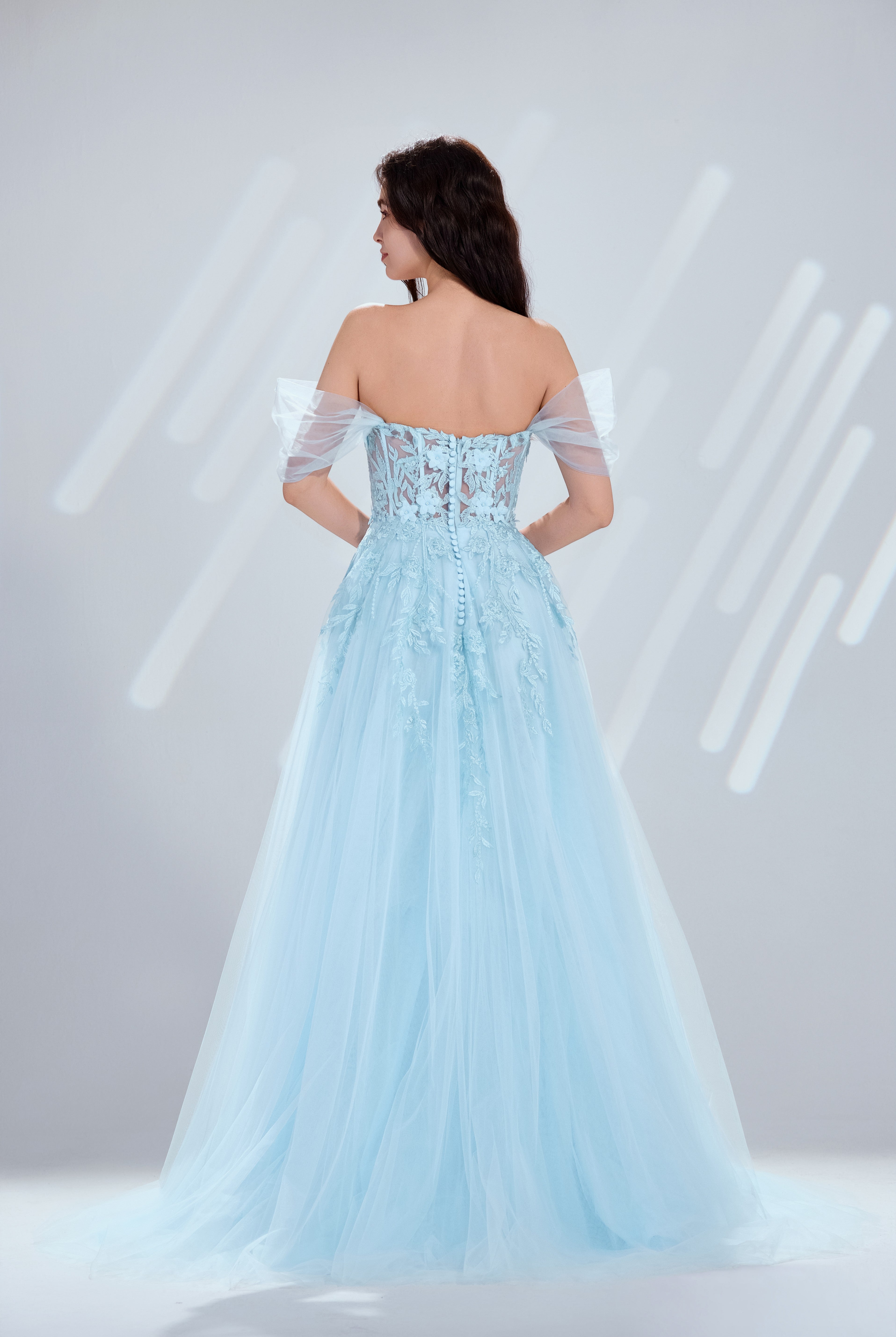 Floral Lace Appliques Tulle Off-the-Shoulder A-Line Prom Dress TFB 8001 | blissfulprom
