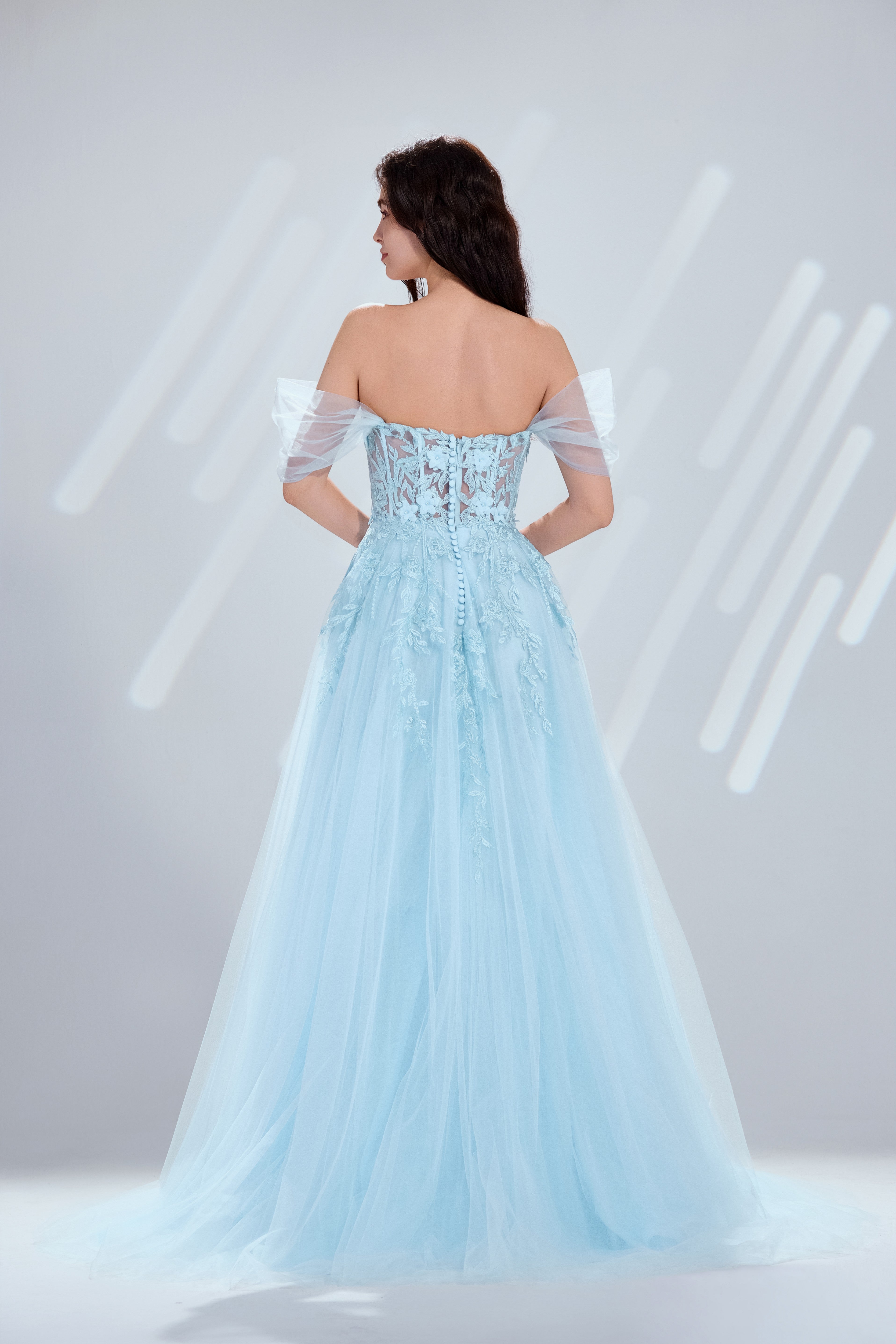 Light blue lace tulle prom dress, back view with off-shoulder sleeves and A-line skirt