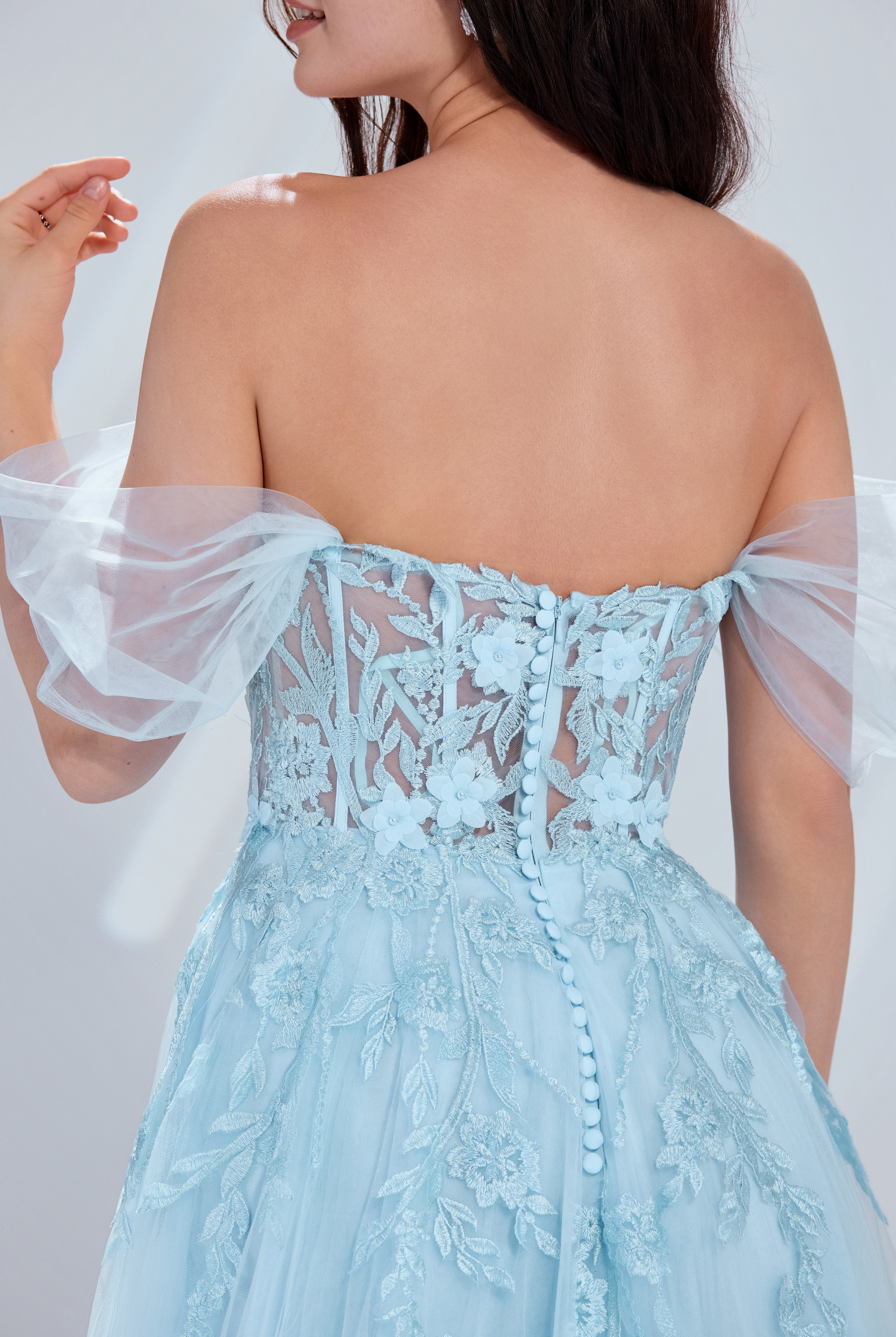 Floral Lace Appliques Tulle Off-the-Shoulder A-Line Prom Dress TFB 8001 | blissfulprom
