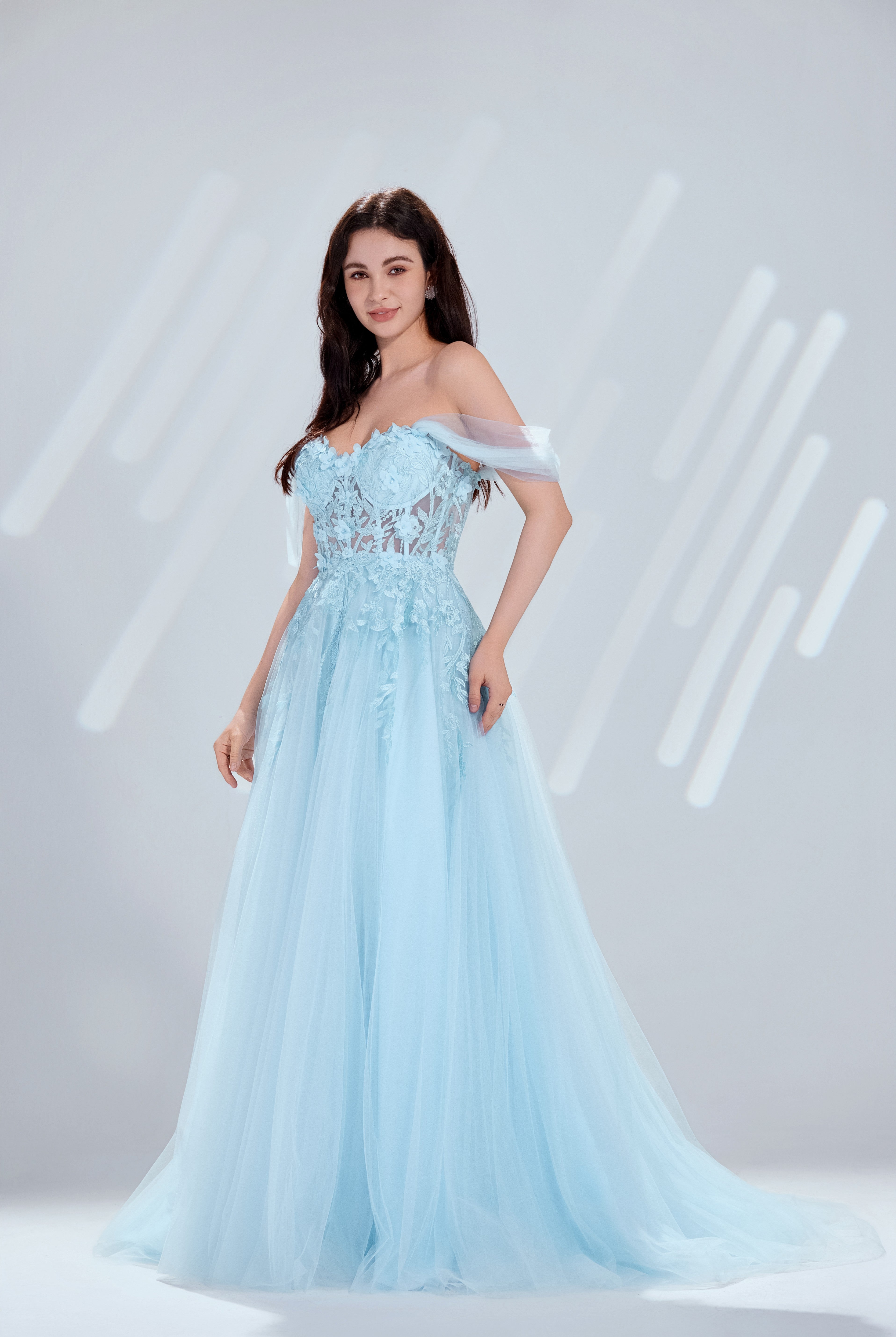 Floral Lace Appliques Tulle Off-the-Shoulder A-Line Prom Dress TFB 8001 | blissfulprom