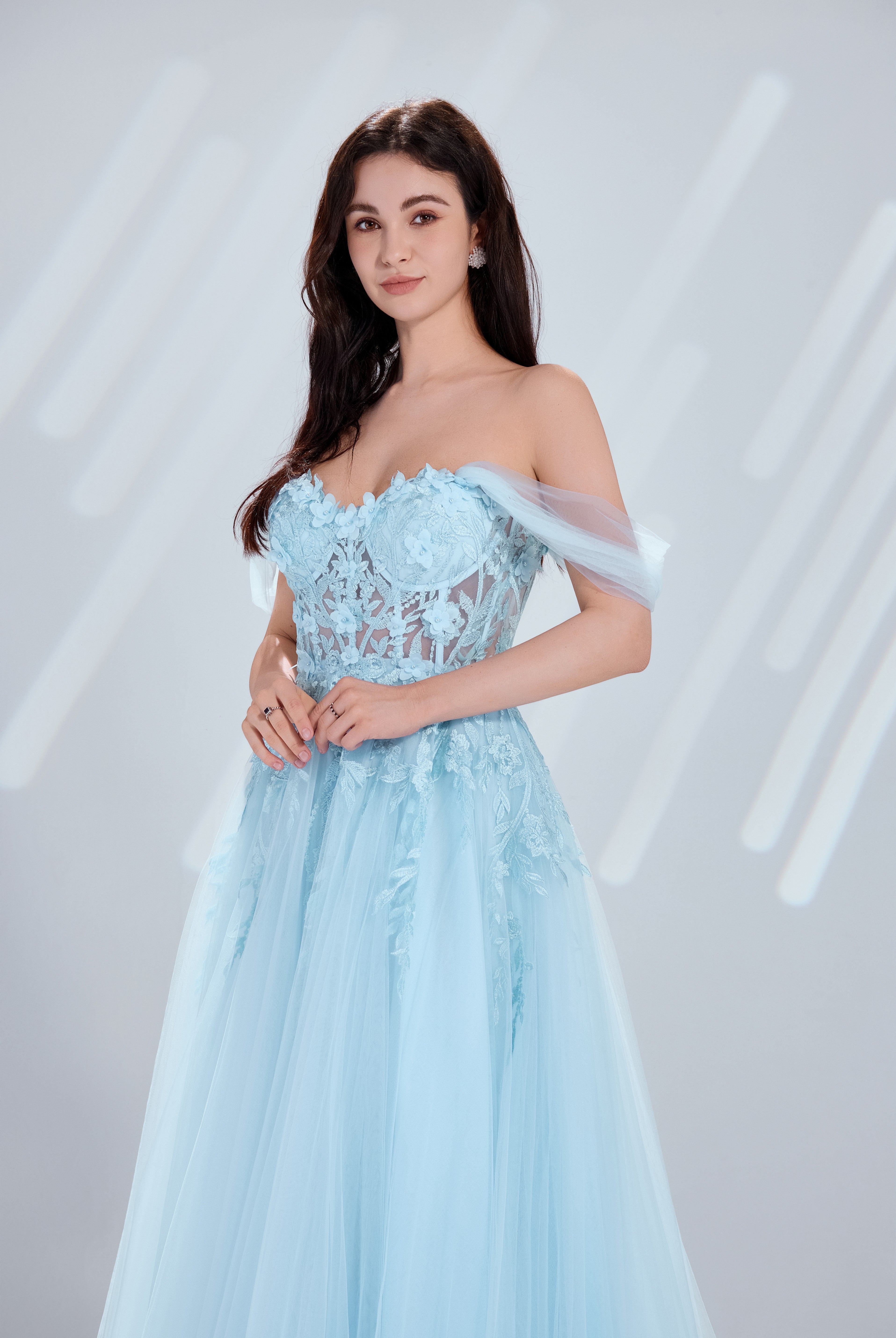 Floral Lace Appliques Tulle Off-the-Shoulder A-Line Prom Dress TFB 8001 | blissfulprom