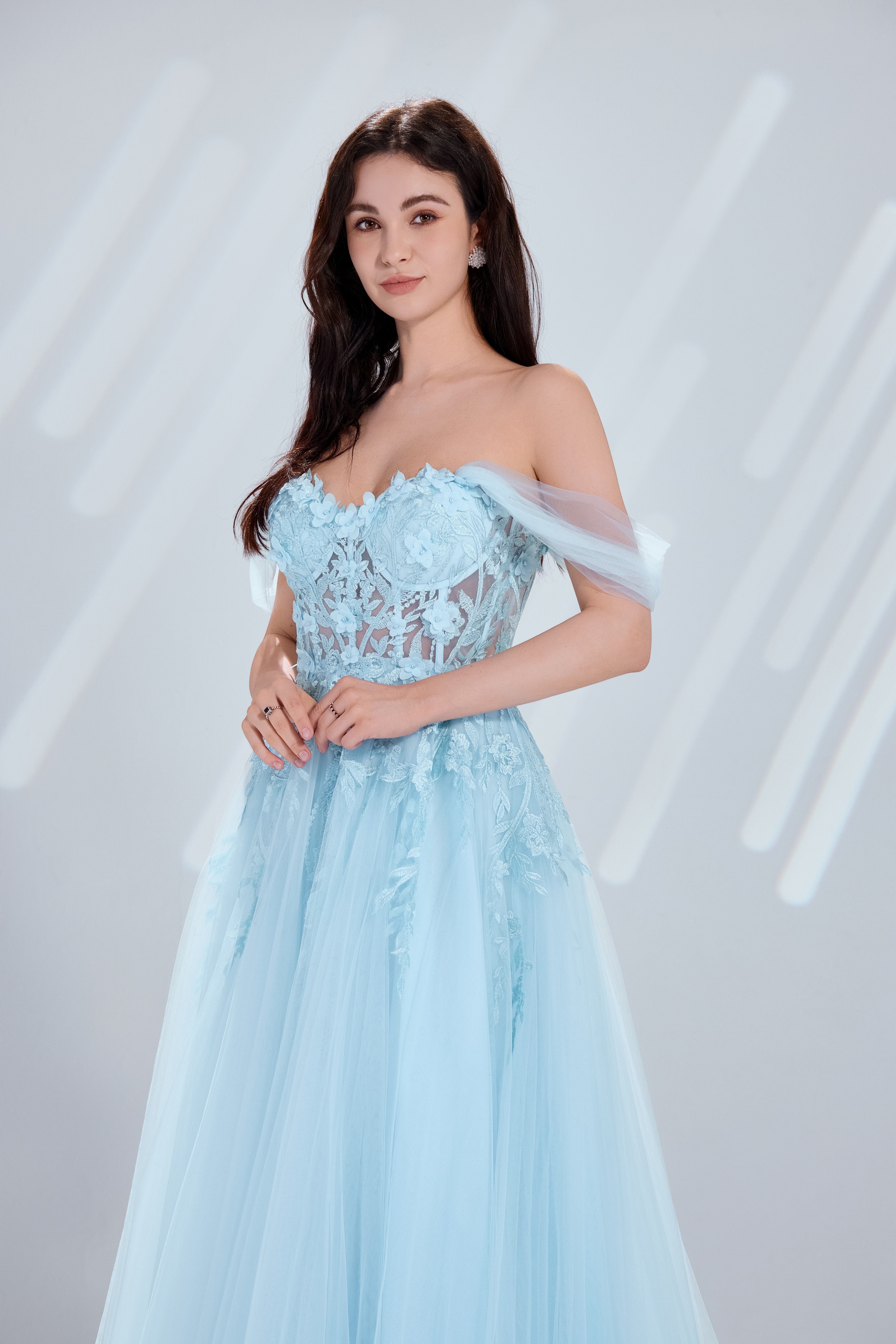 Light blue off-the-shoulder A-line prom dress with floral lace bodice and tulle skirt