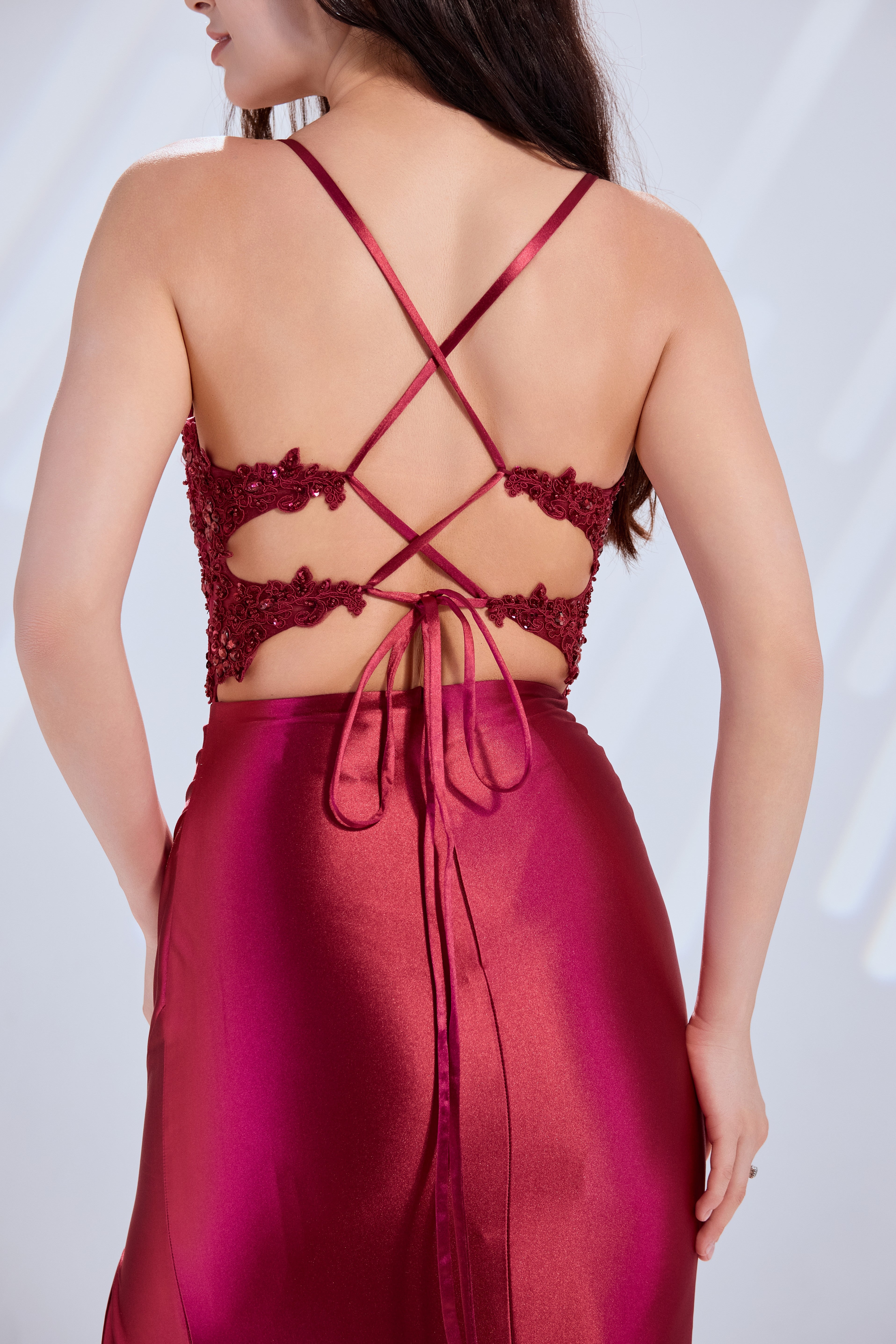 Burgundy sheer lace corset satin mermaid prom dress, crisscross back strap detail