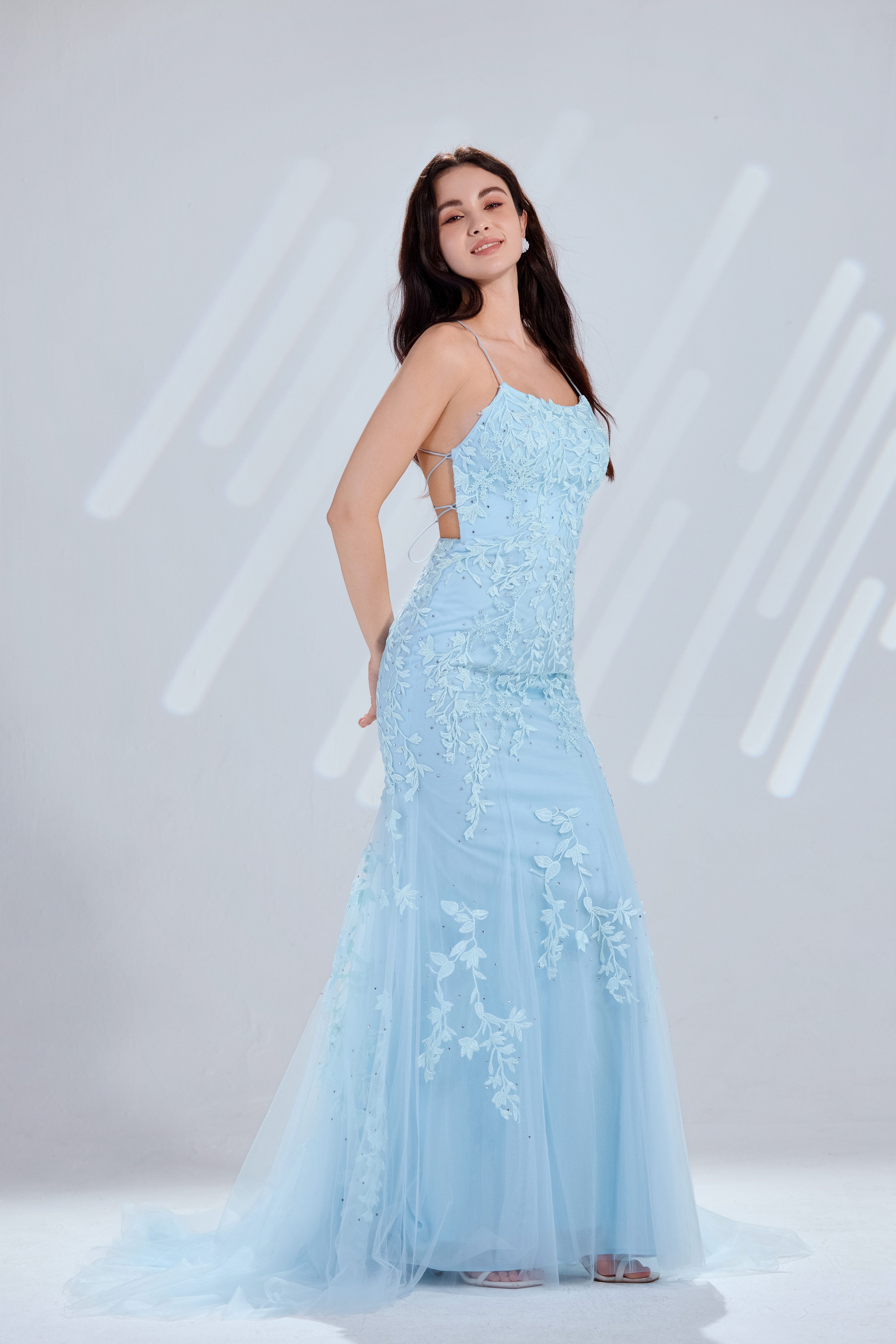 Sky blue floral lace mermaid prom gown with spaghetti straps and tiered tulle skirt