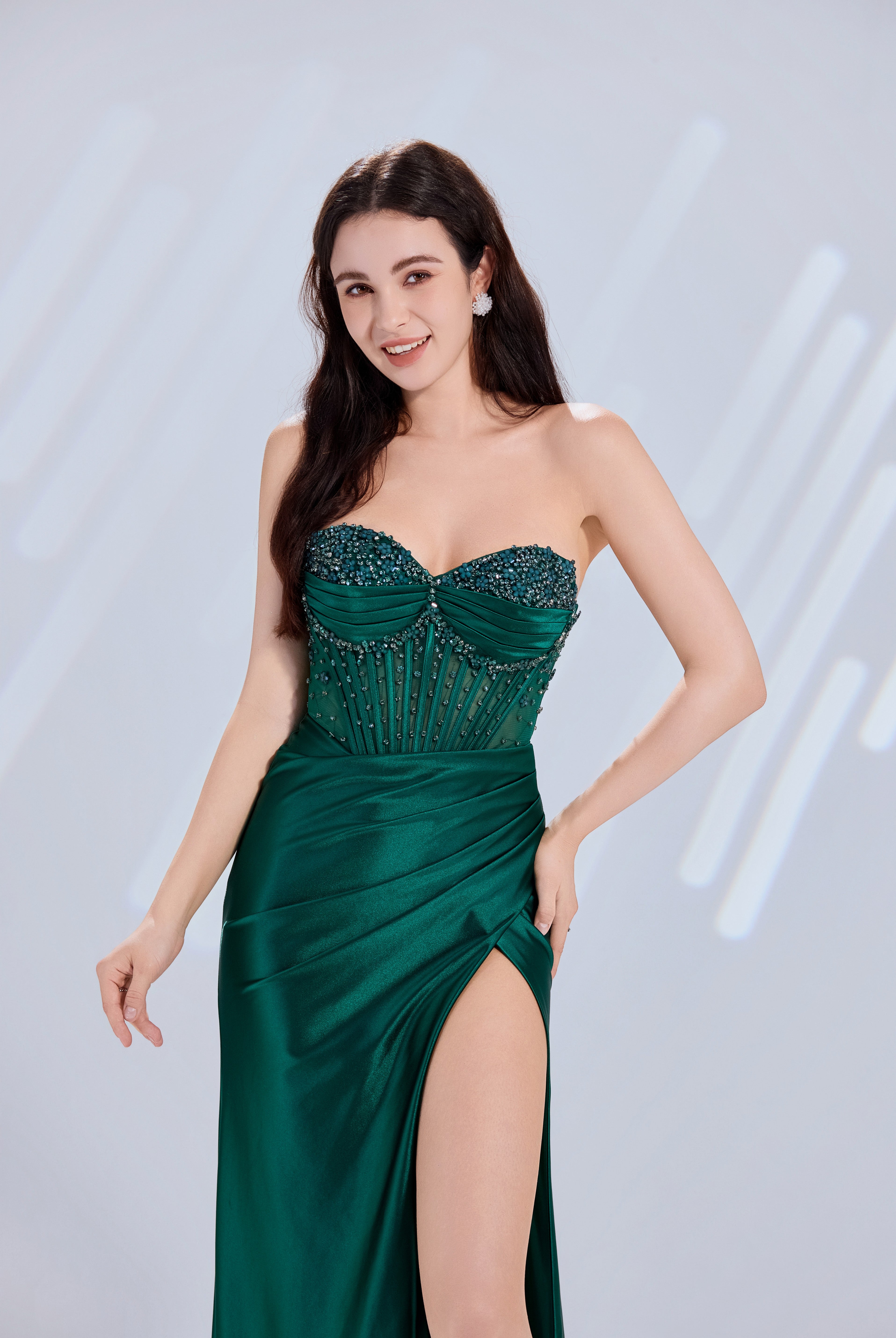Spaghetti Strap Beaded Bodice Prom Dress with Draped Slit Skirt TFB 5009 | blissfulprom