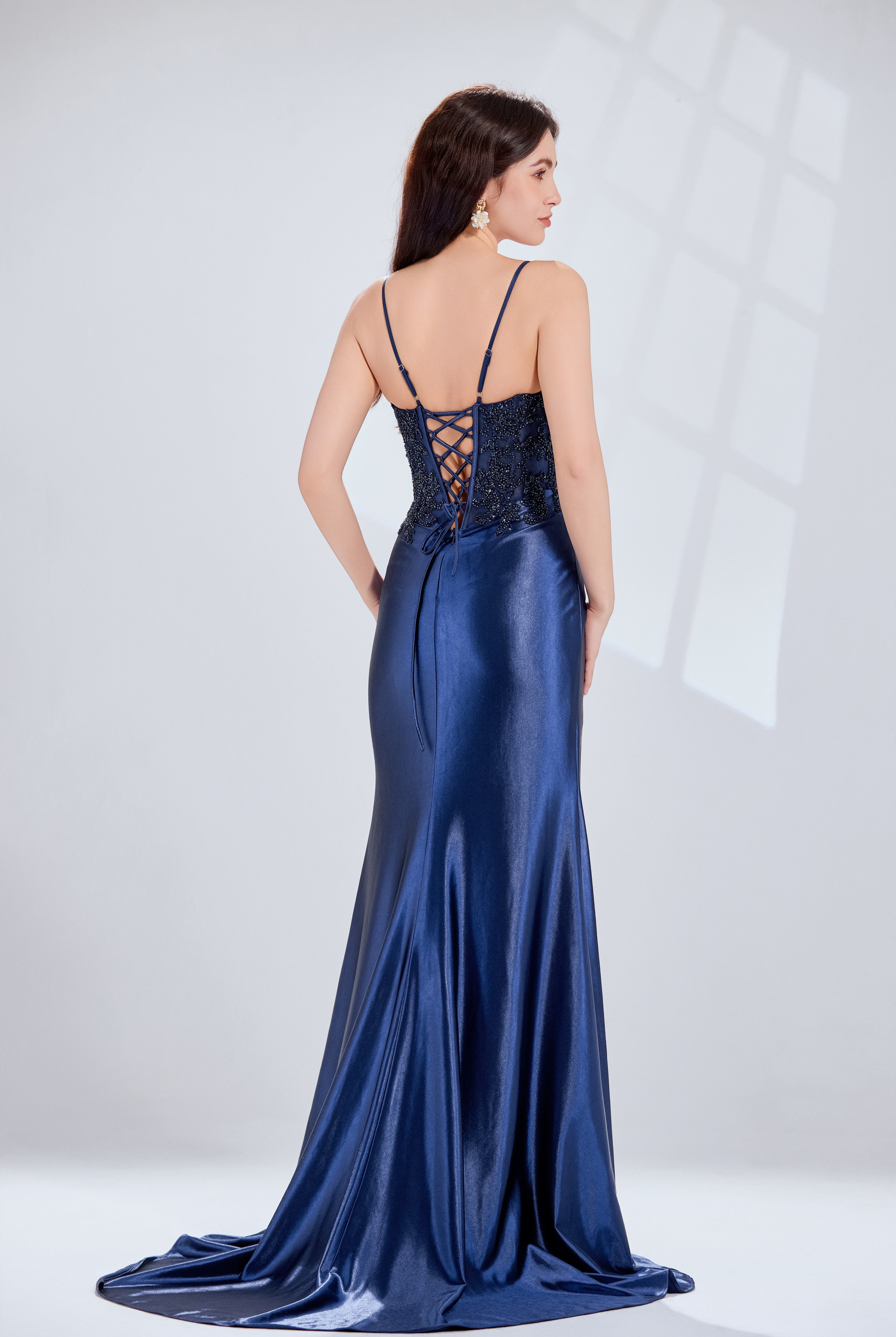 Exquisite Beaded Satin Lace-Up Corset Slit Prom Gown TFB 6001 | blissfulprom