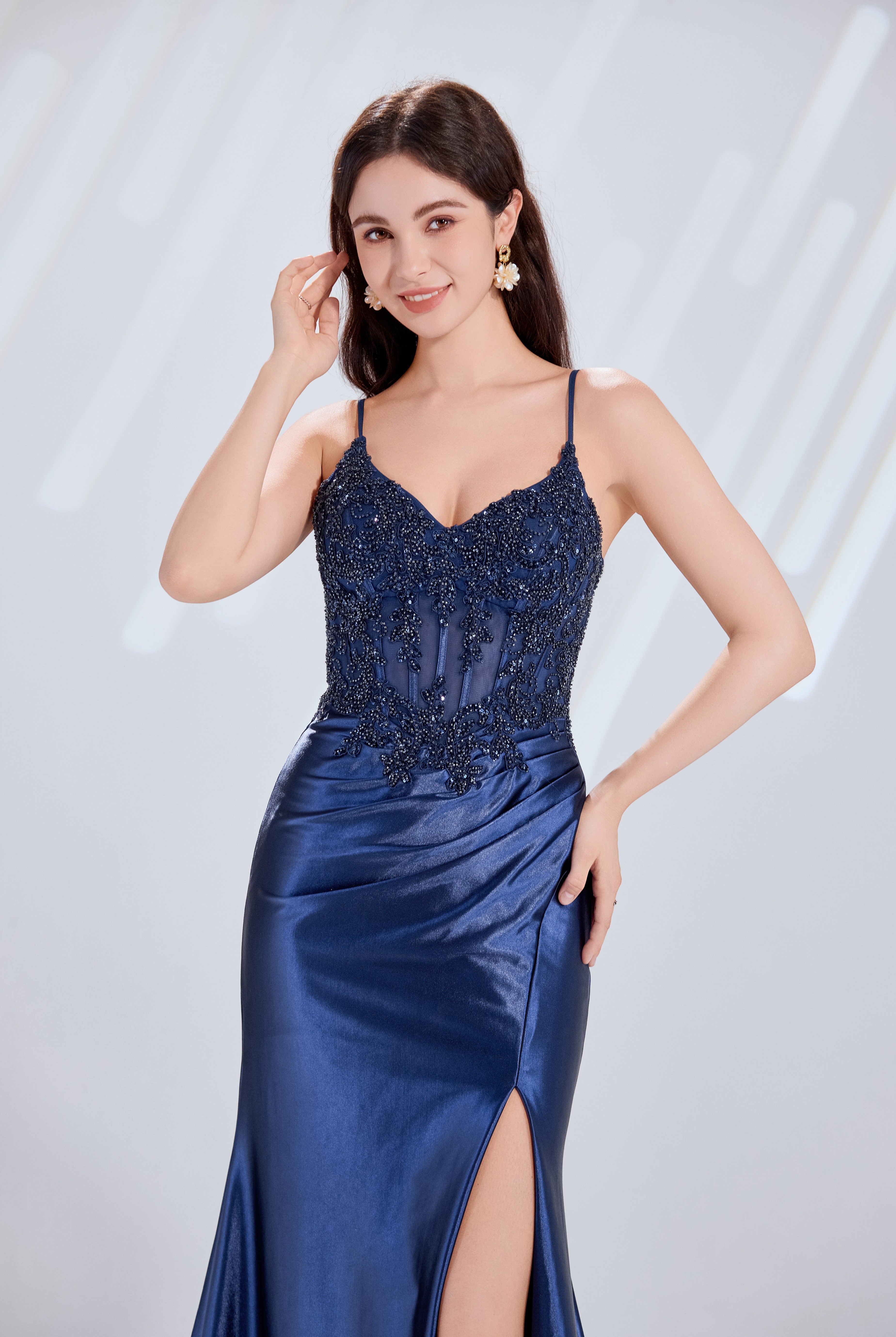Exquisite Beaded Satin Lace-Up Corset Slit Prom Gown TFB 6001 | blissfulprom