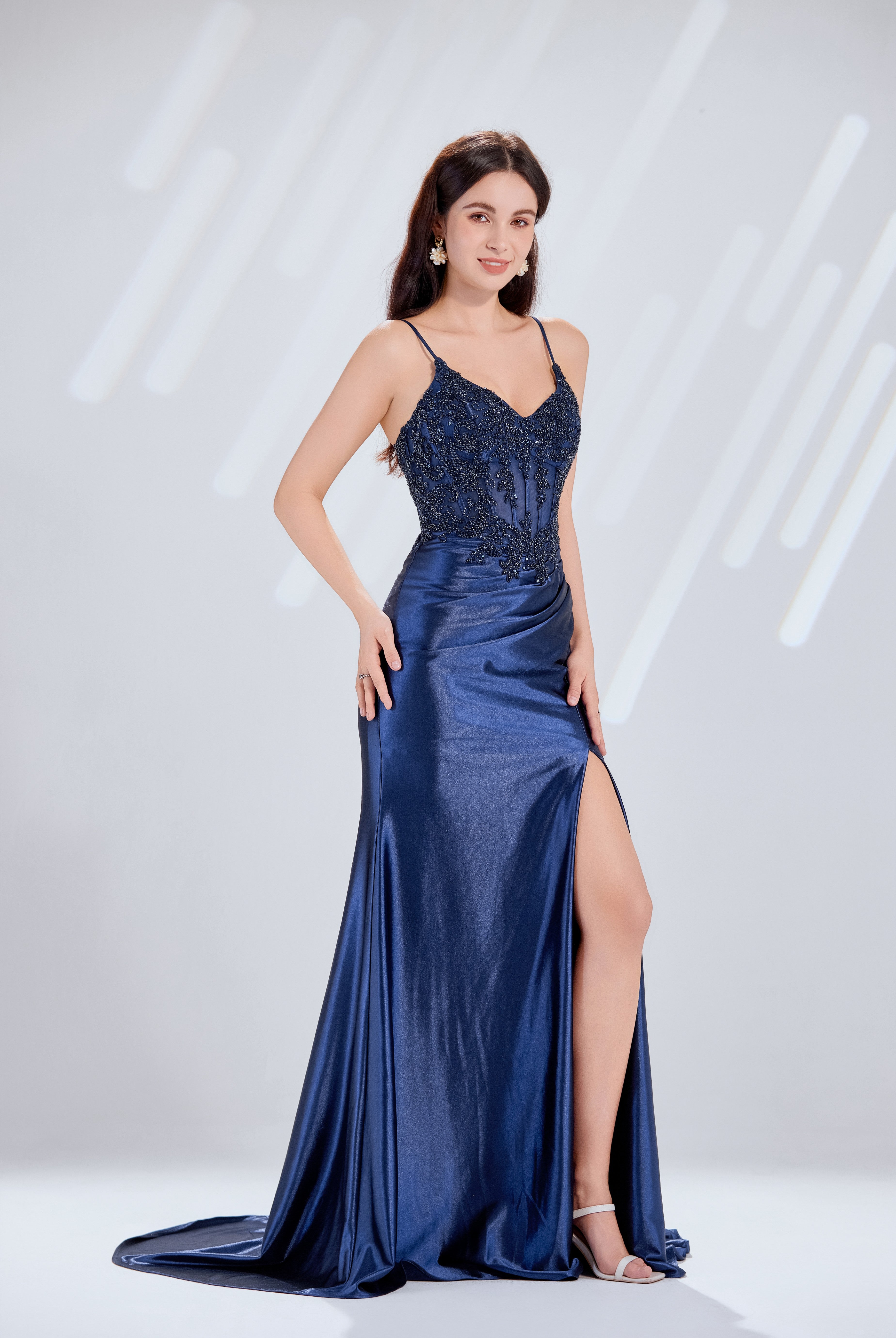 Exquisite Beaded Satin Lace-Up Corset Slit Prom Gown TFB 6001 | blissfulprom
