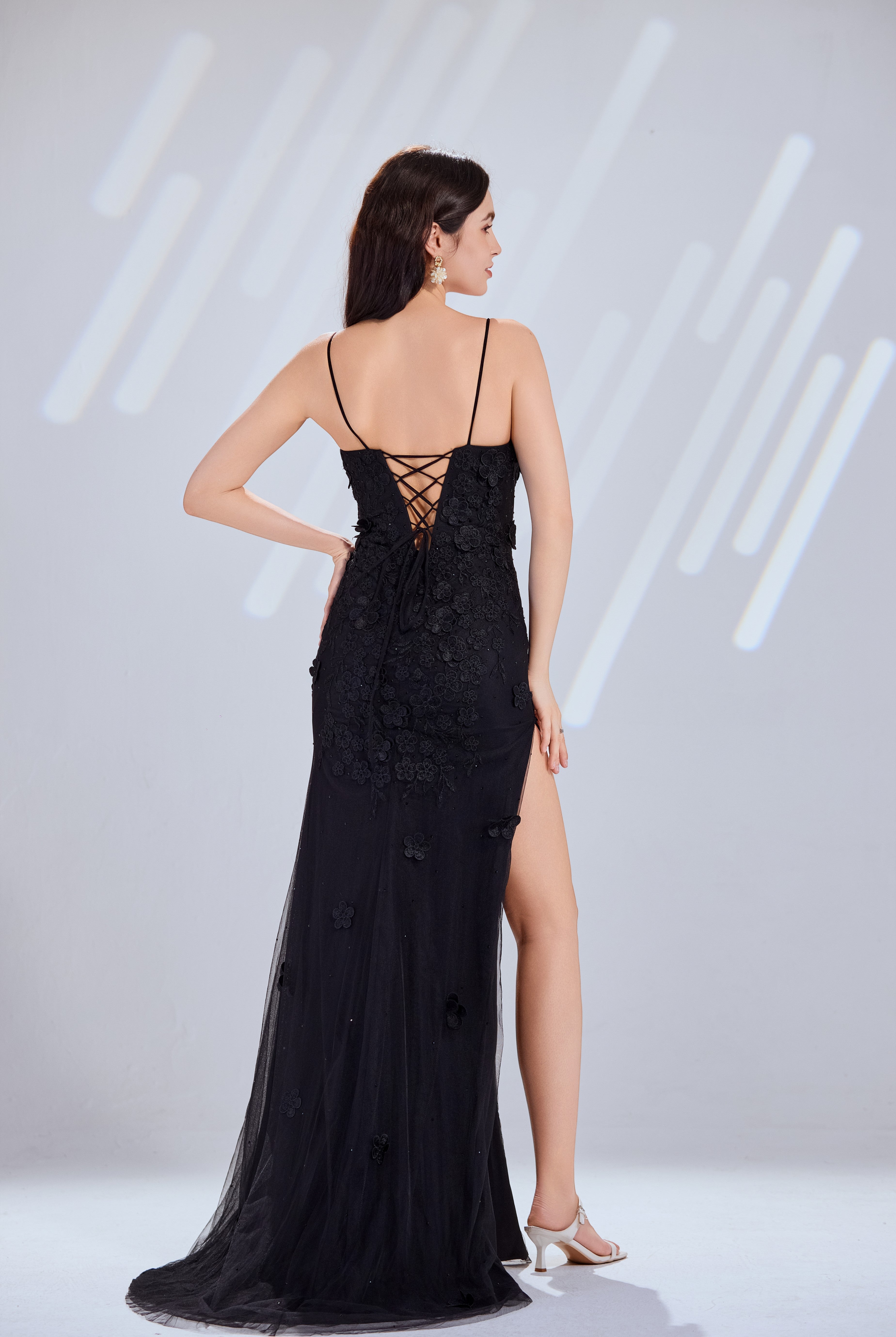 3D Floral Applique Tulle Mermaid Prom Dress with Illusion V-Neck and Lace-Up Back - TFB 8049 | blissfulprom