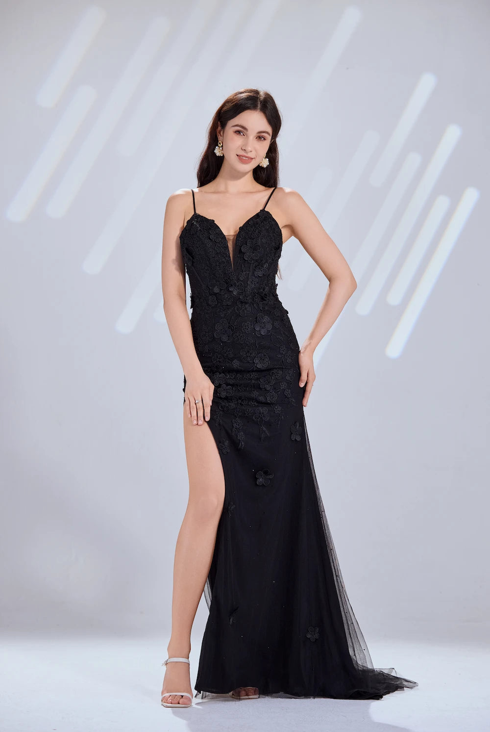Black mermaid prom dress, 3D floral detail, spaghetti straps, sweetheart neckline, slit