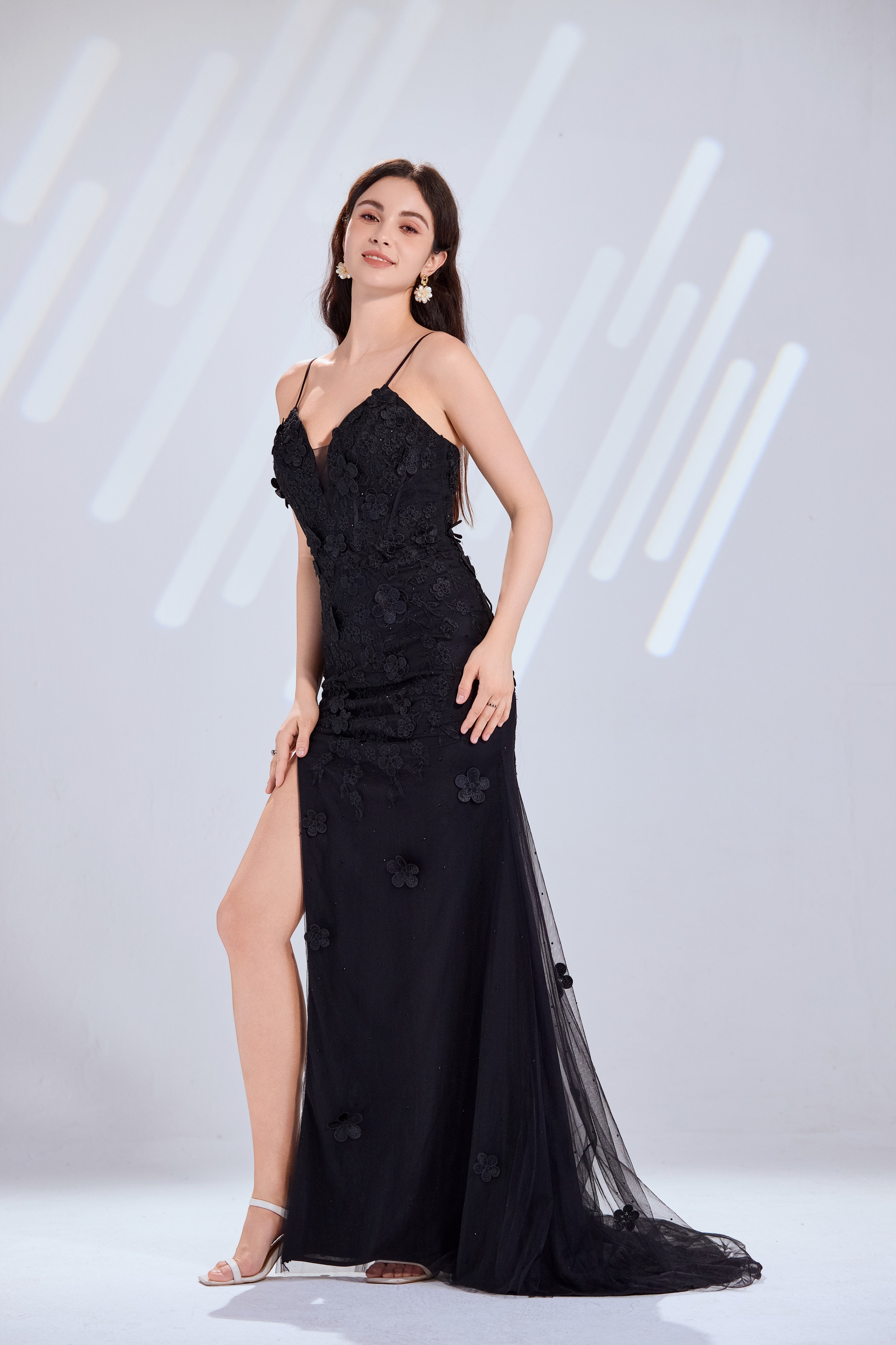 Black lace applique tulle mermaid prom dress with illusion V-neck and side slit