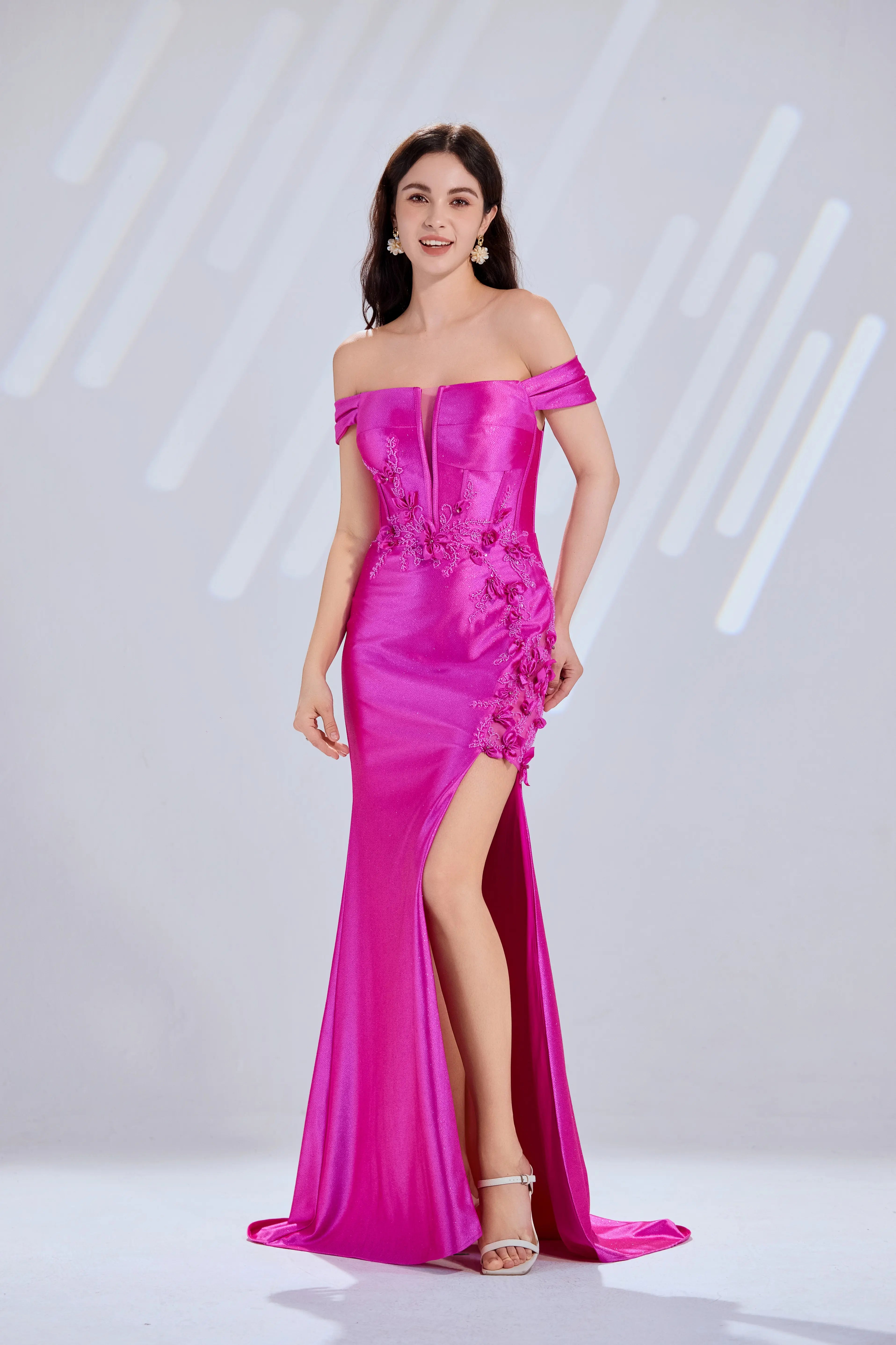 Hot pink off-shoulder satin prom dress with 3D floral lace appliques and high slit