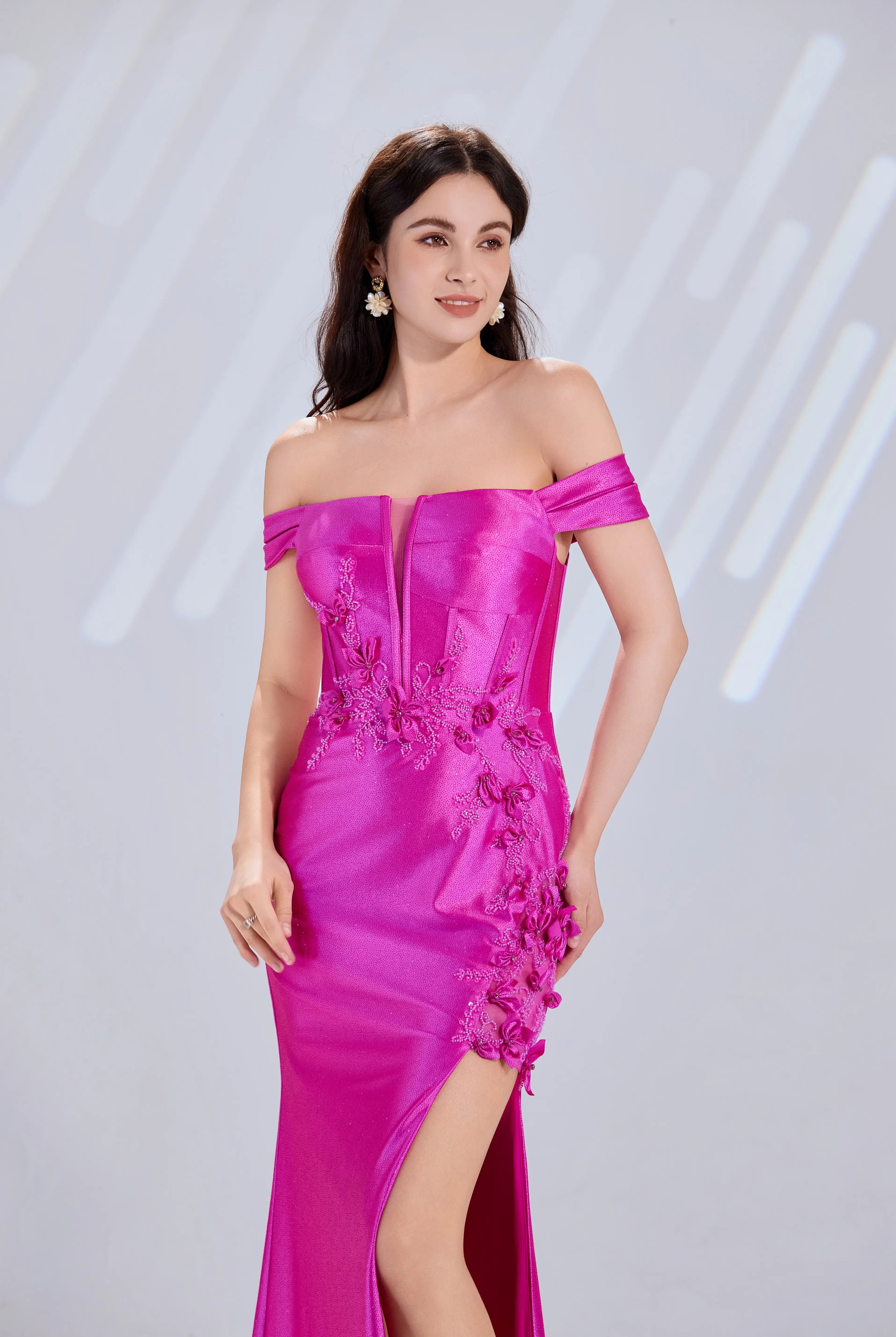 Off-Shoulder 3D Floral Lace Glitter Satin Prom Dress with Slit TFB 5037 | blissfulprom
