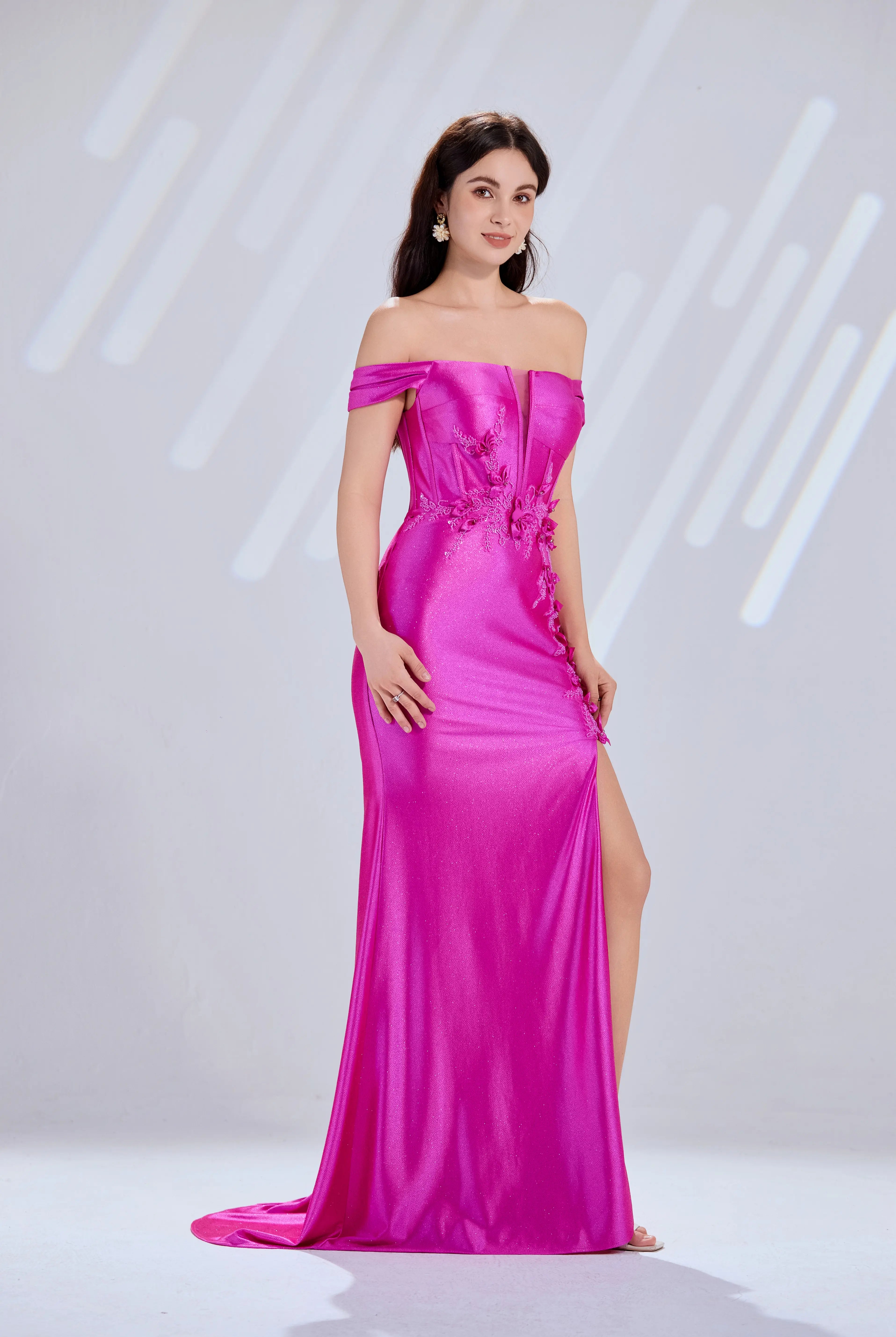 Off-Shoulder 3D Floral Lace Glitter Satin Prom Dress with Slit TFB 5037 | blissfulprom