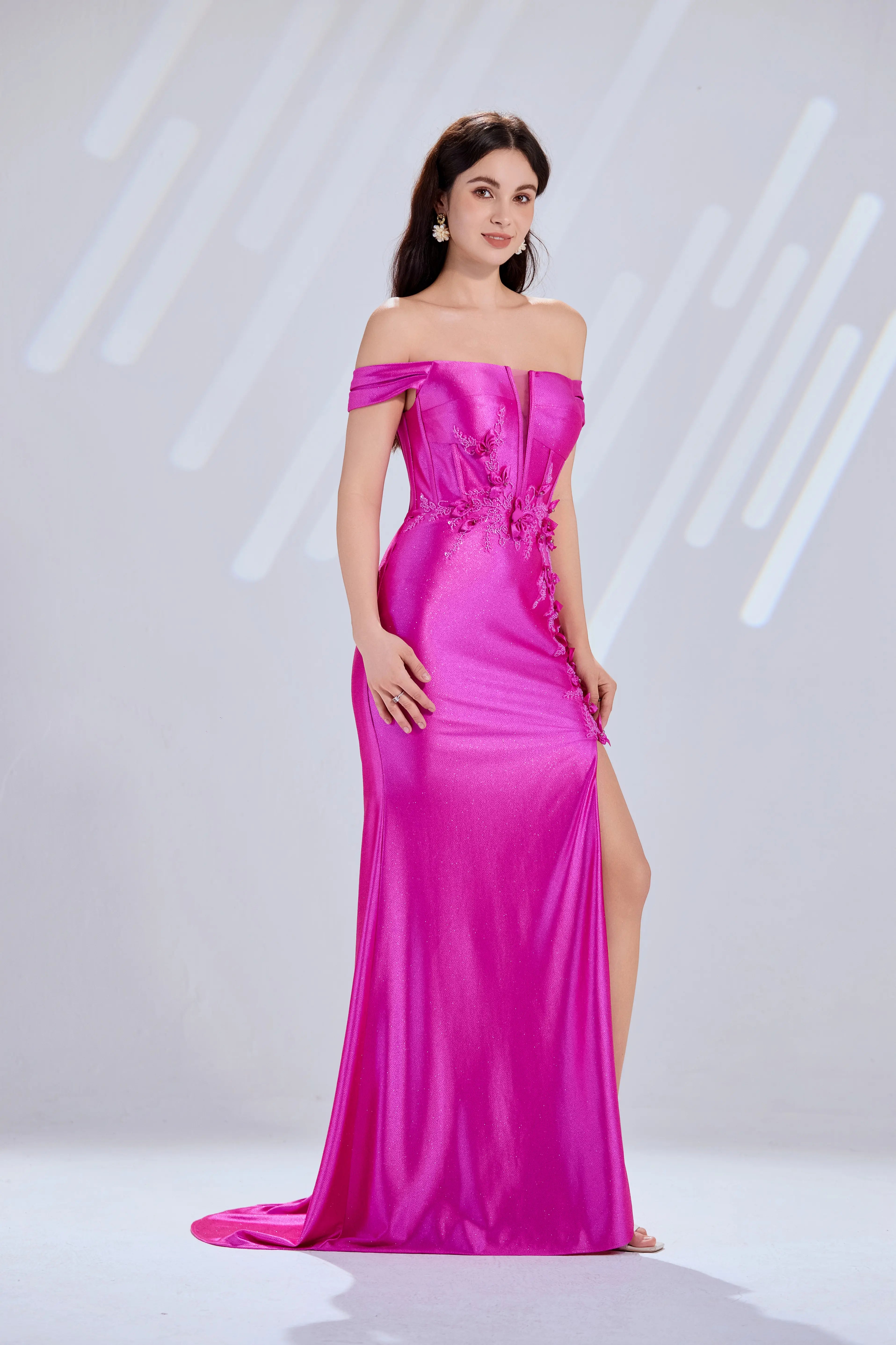 Hot pink off-shoulder satin prom dress with 3D floral lace appliques and side slit