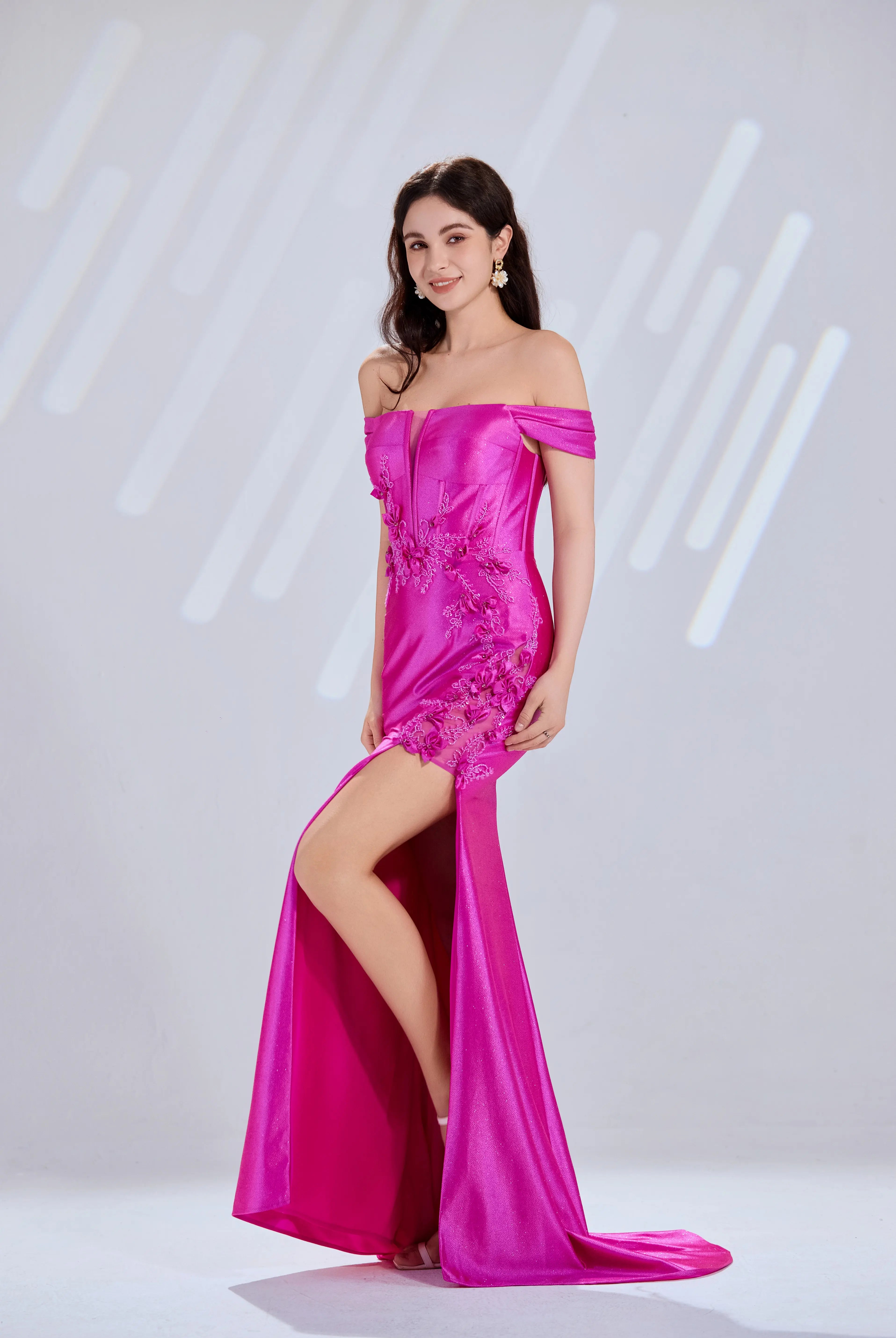Off-Shoulder 3D Floral Lace Glitter Satin Prom Dress with Slit TFB 5037 | blissfulprom