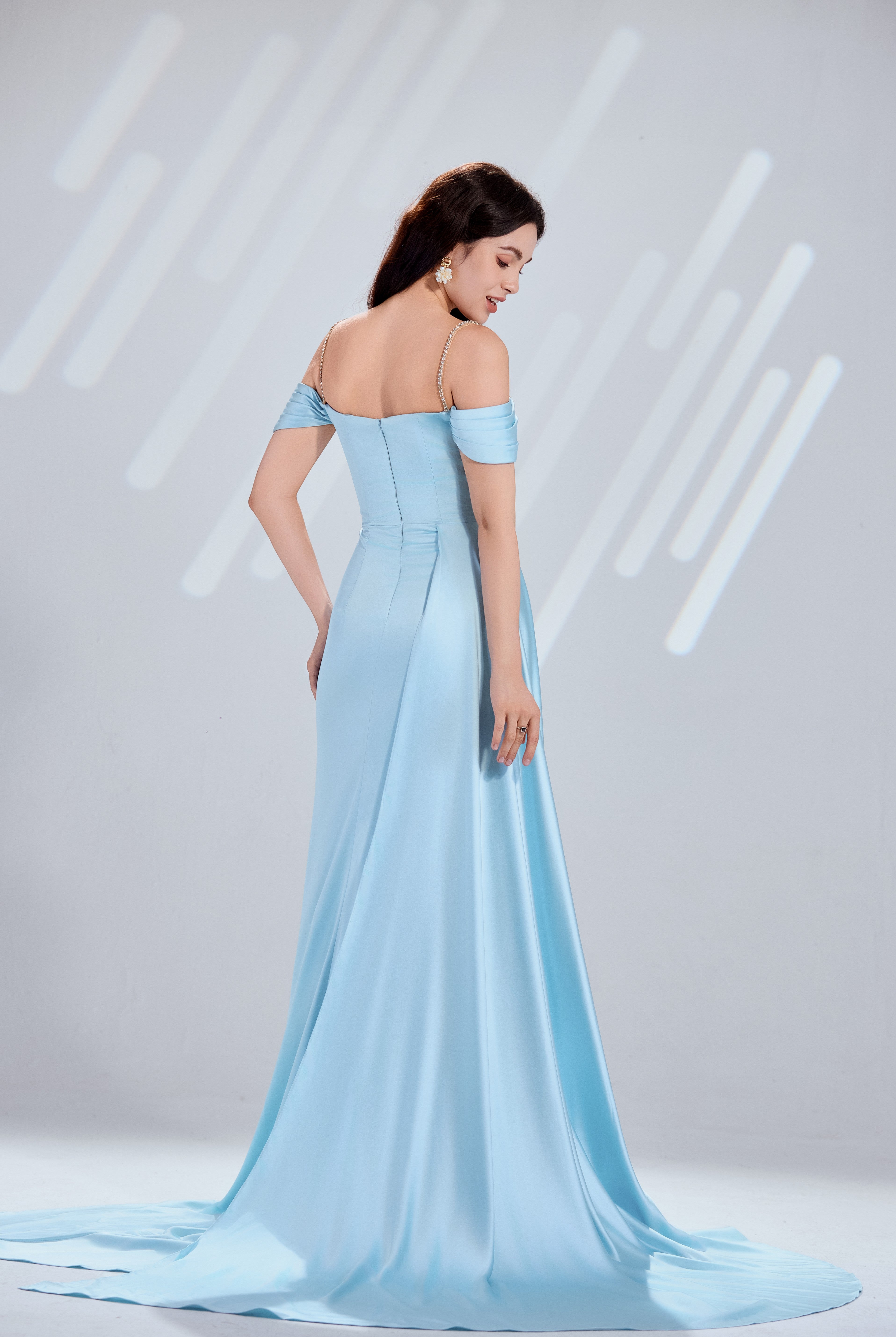 Radiant Satin & Crystal Trim Draped Off-the-Shoulder Prom Dress TFB 8046 | blissfulprom