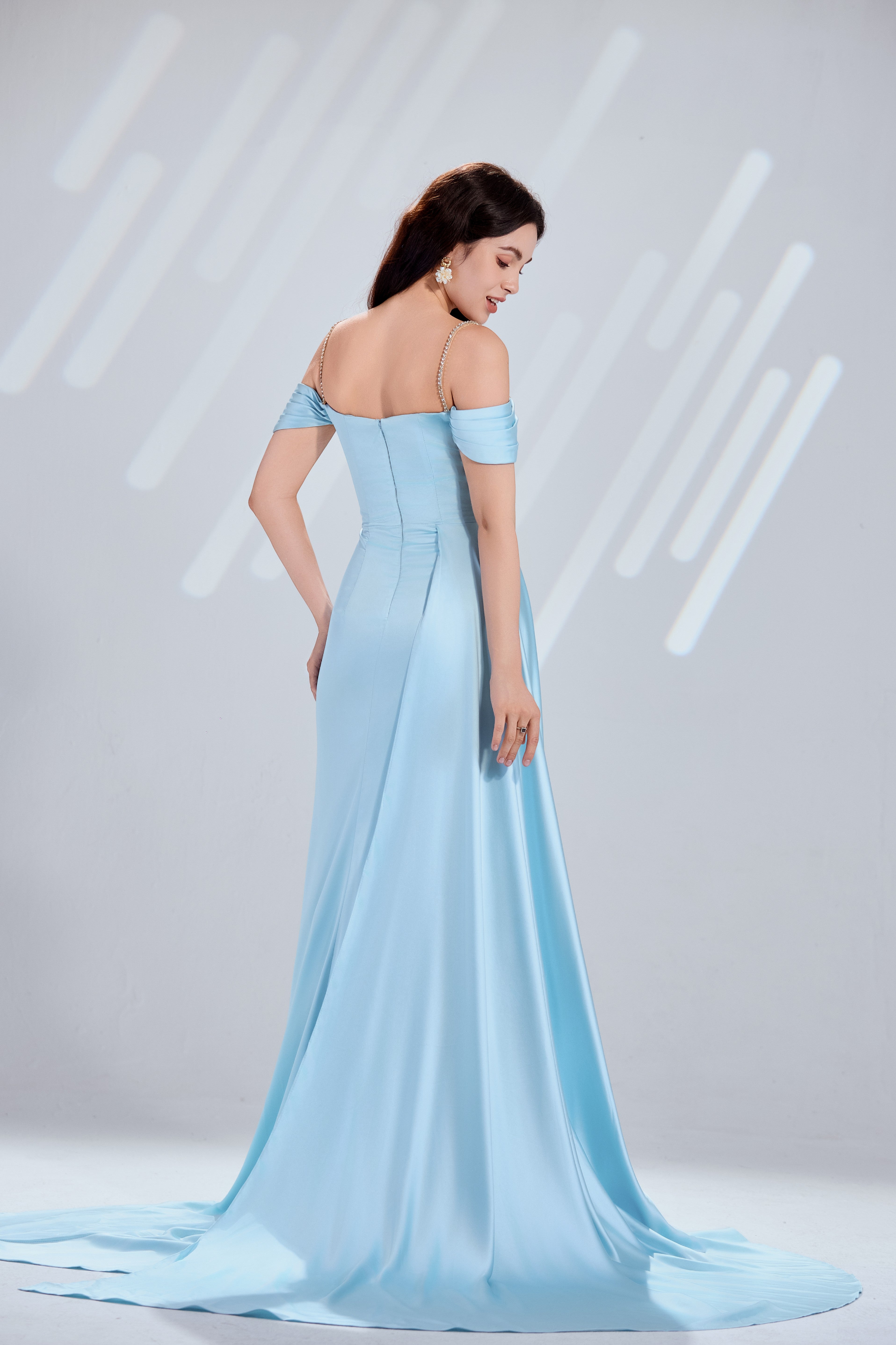 Light blue off-shoulder satin prom dress, open back, draped sleeves, crystal trim, long train