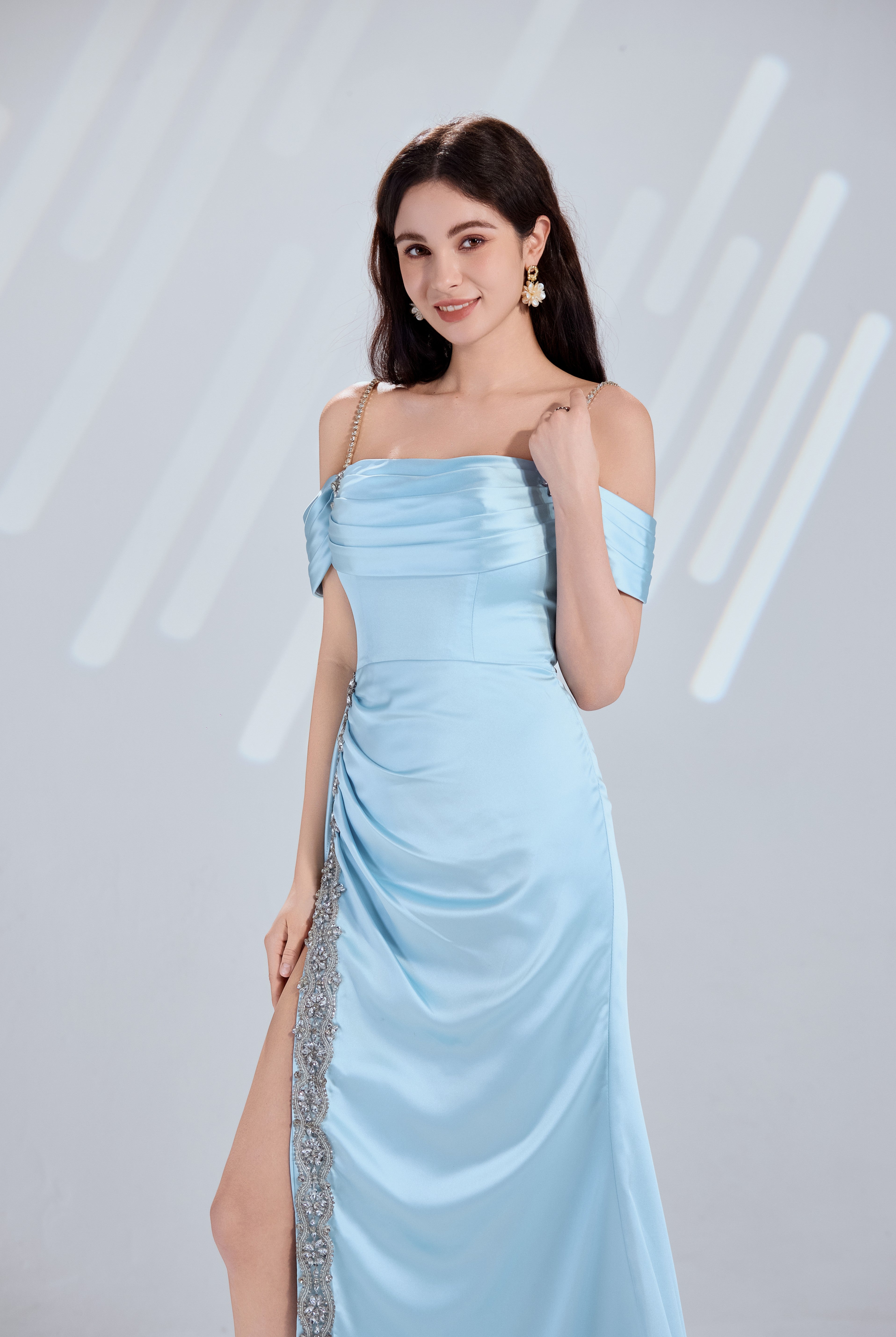 Radiant Satin & Crystal Trim Draped Off-the-Shoulder Prom Dress TFB 8046 | blissfulprom