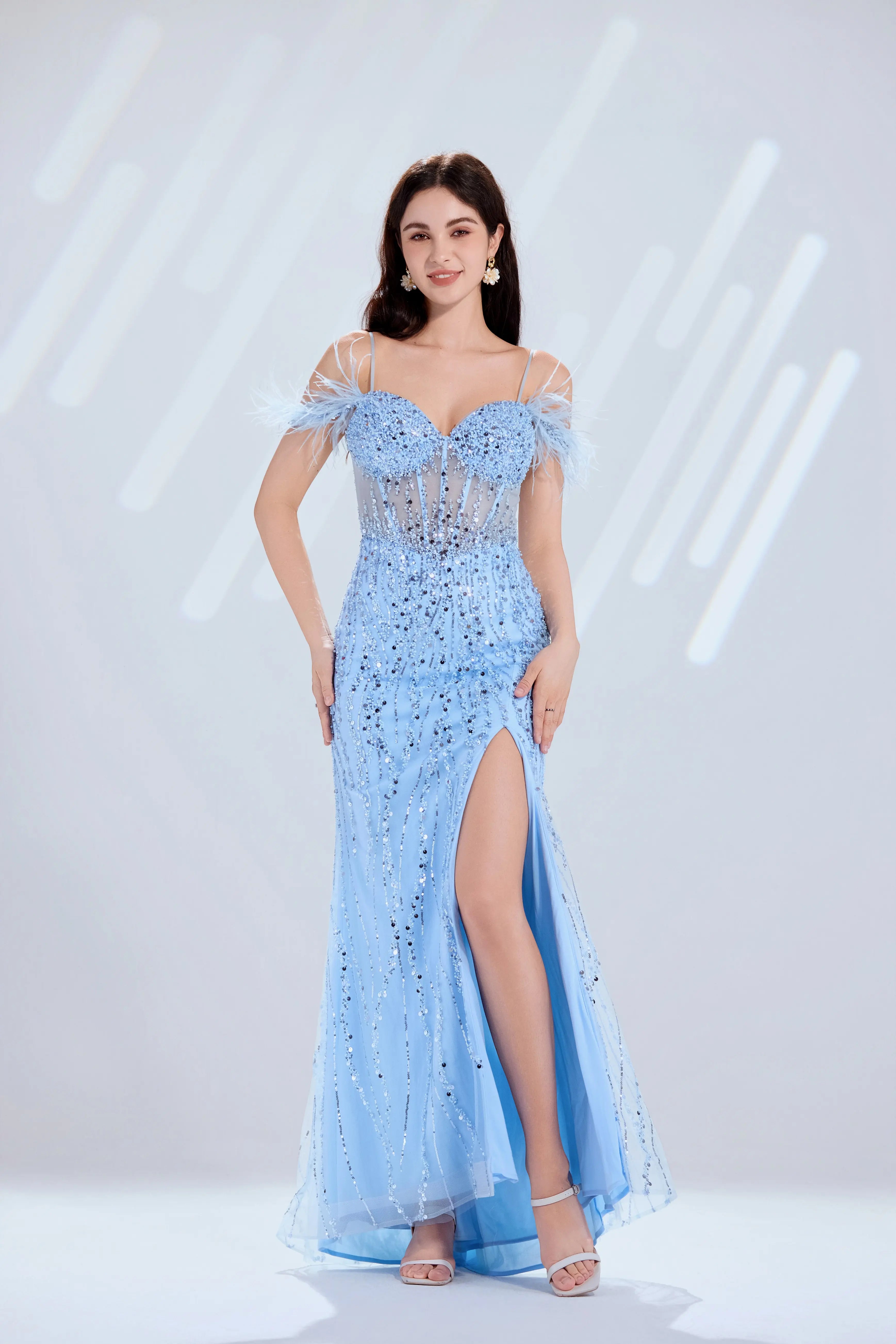 Sky blue sequin prom dress with feathered off-shoulder straps and front slit
