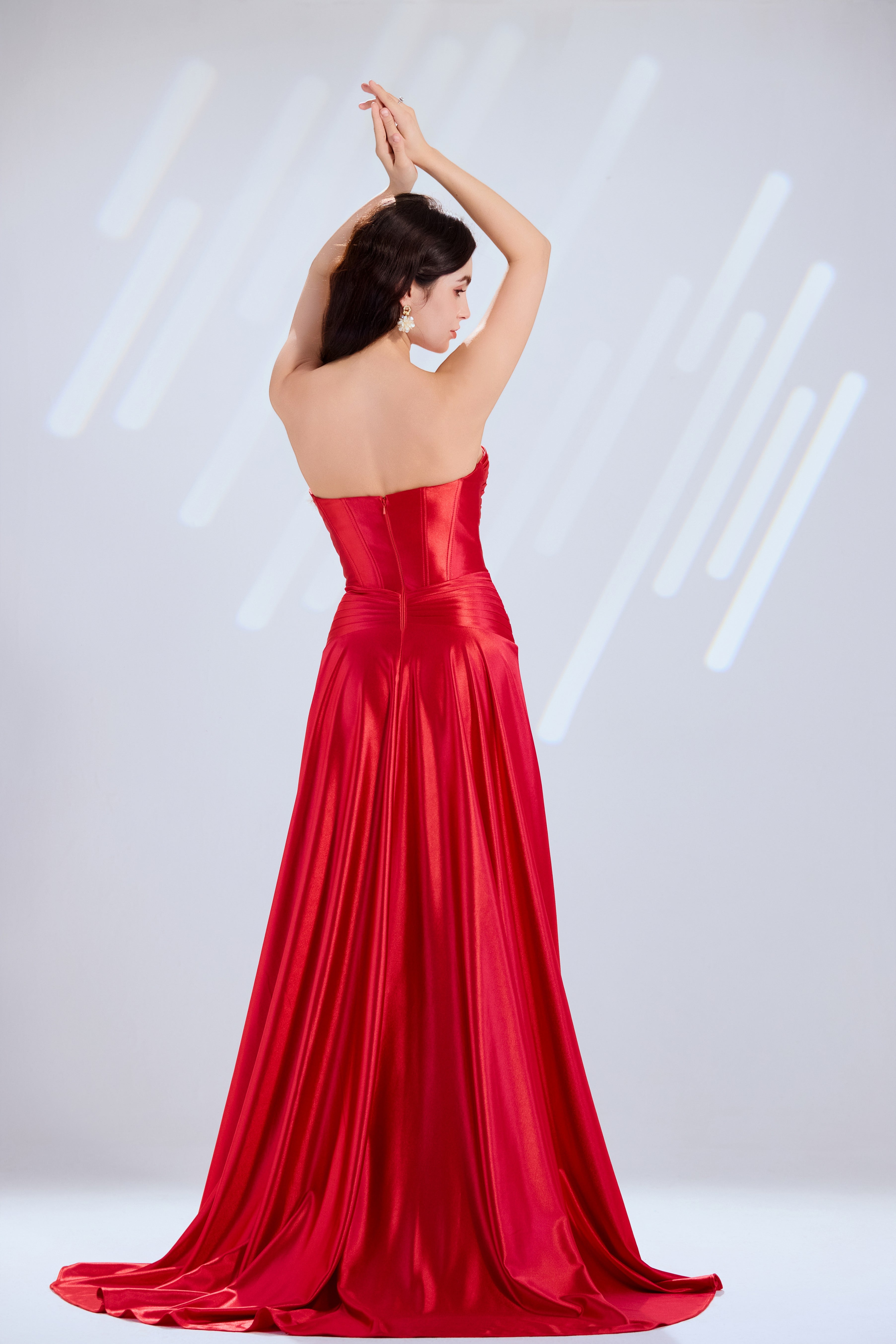Backless satin strapless corset gown with crisscross bodice, red, full length with drape