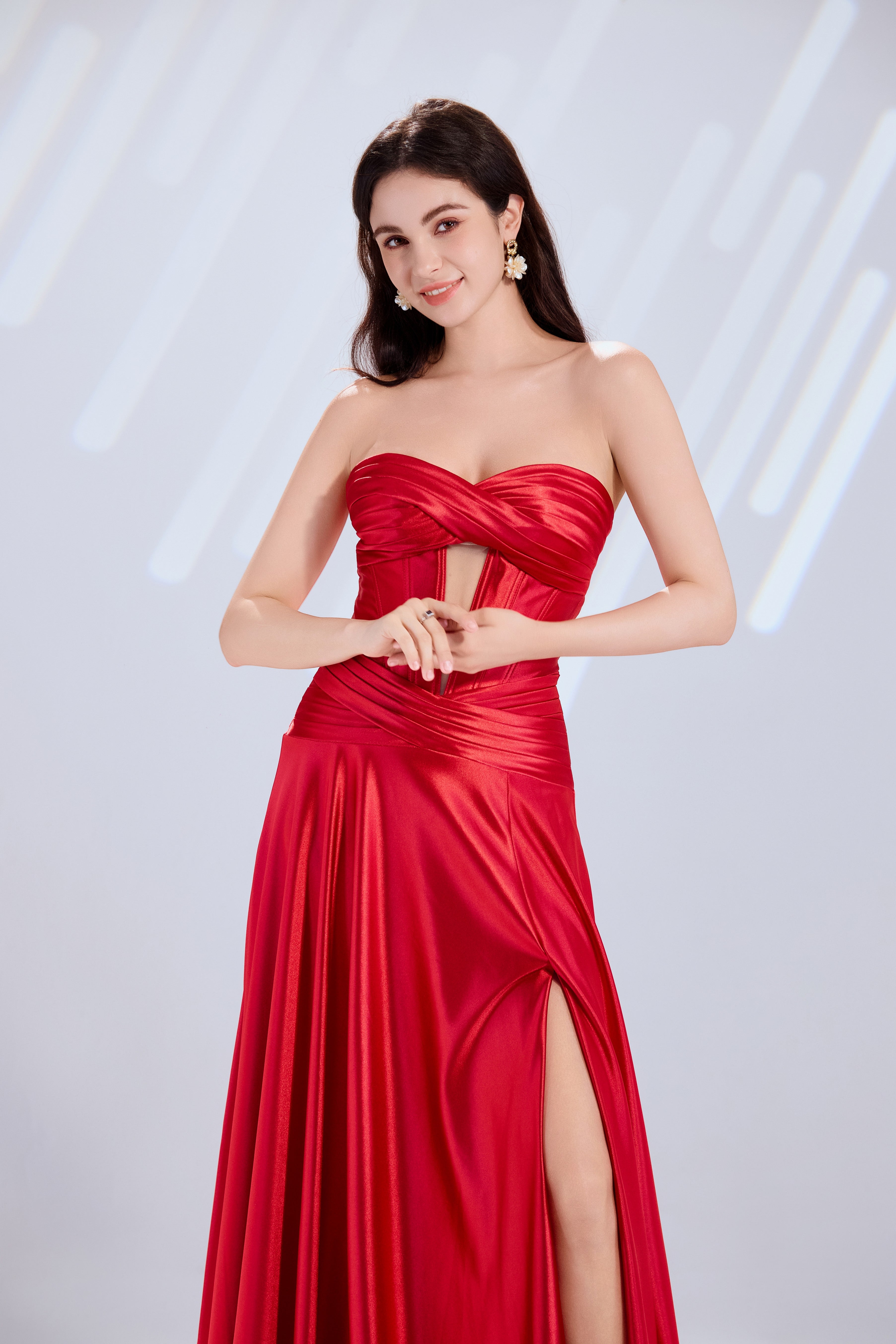 Strapless satin corset gown with crisscross bodice detail, red, sweetheart neckline, slit