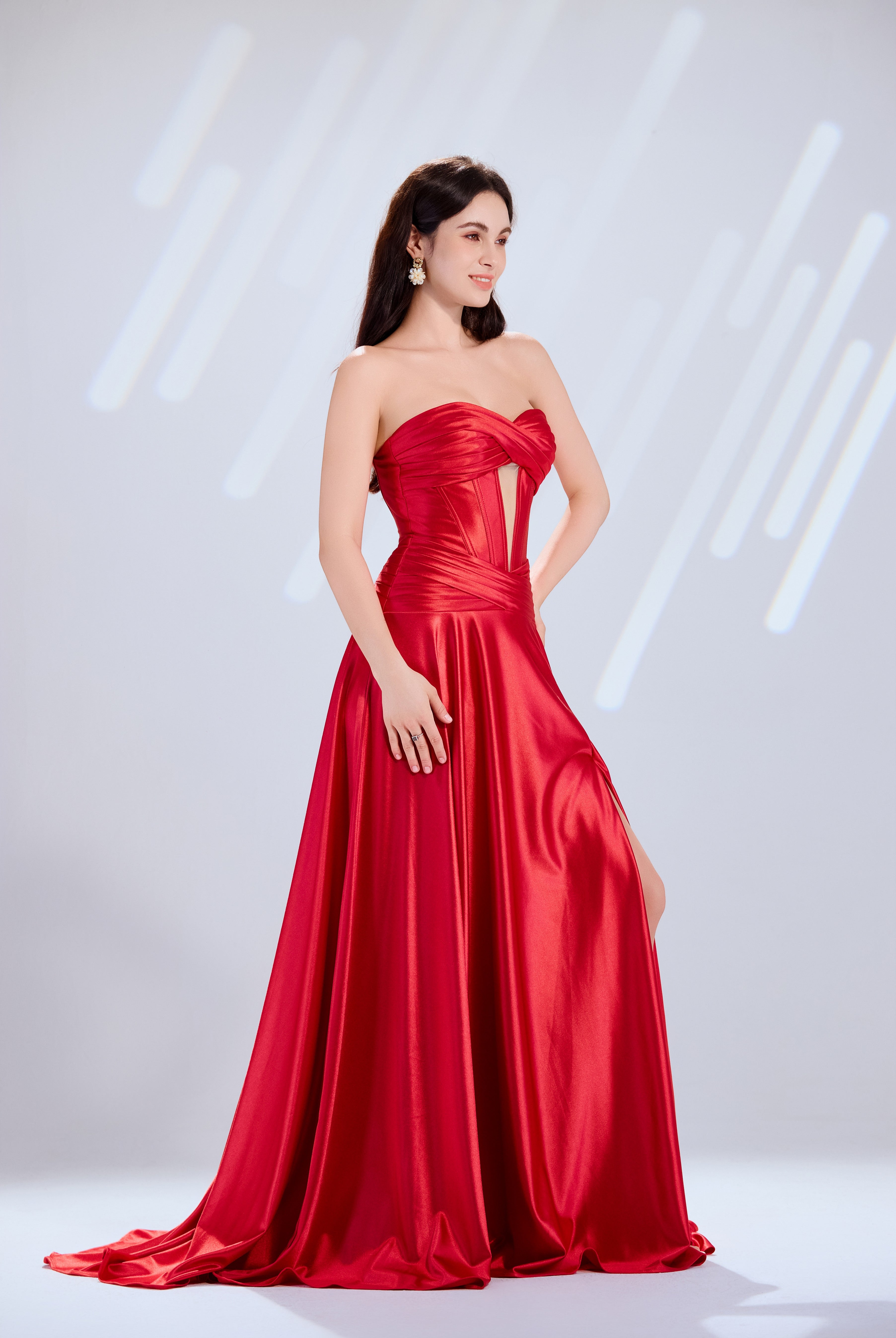 Strapless Satin Prom Dress with Crisscross Bodice, Keyhole Cutout & Train – TFB6015