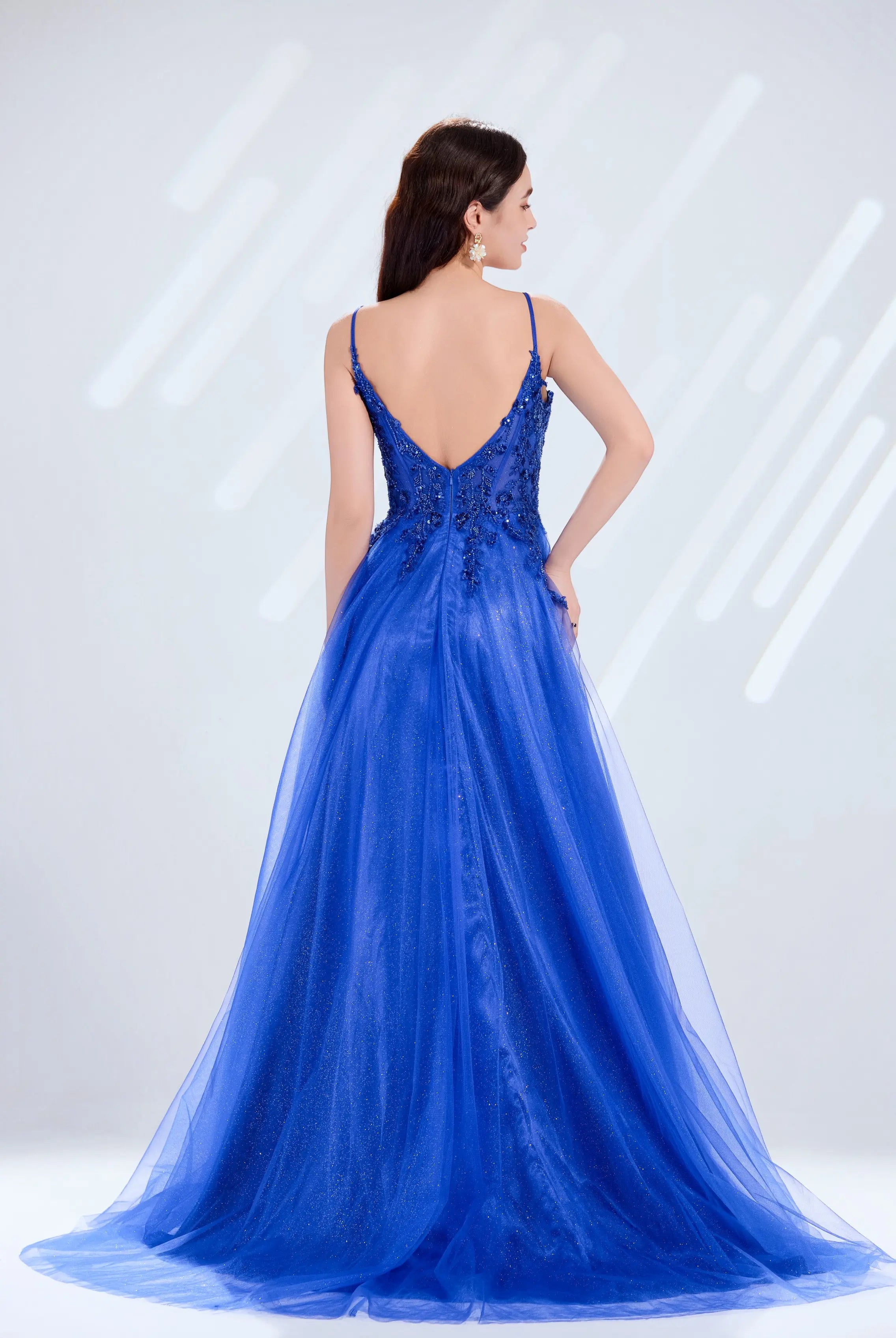 Spaghetti Strap Plunging Corset & Glitter Tulle Prom Dress with High Slit TFB 5030 | blissfulprom