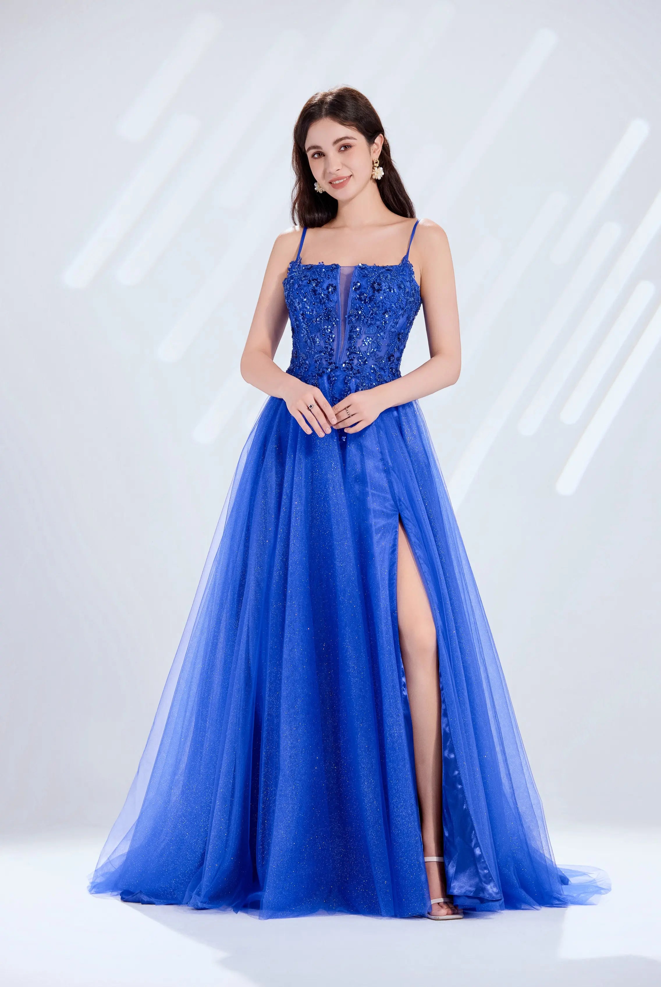 Spaghetti Strap Plunging Corset & Glitter Tulle Prom Dress with High Slit TFB 5030 | blissfulprom