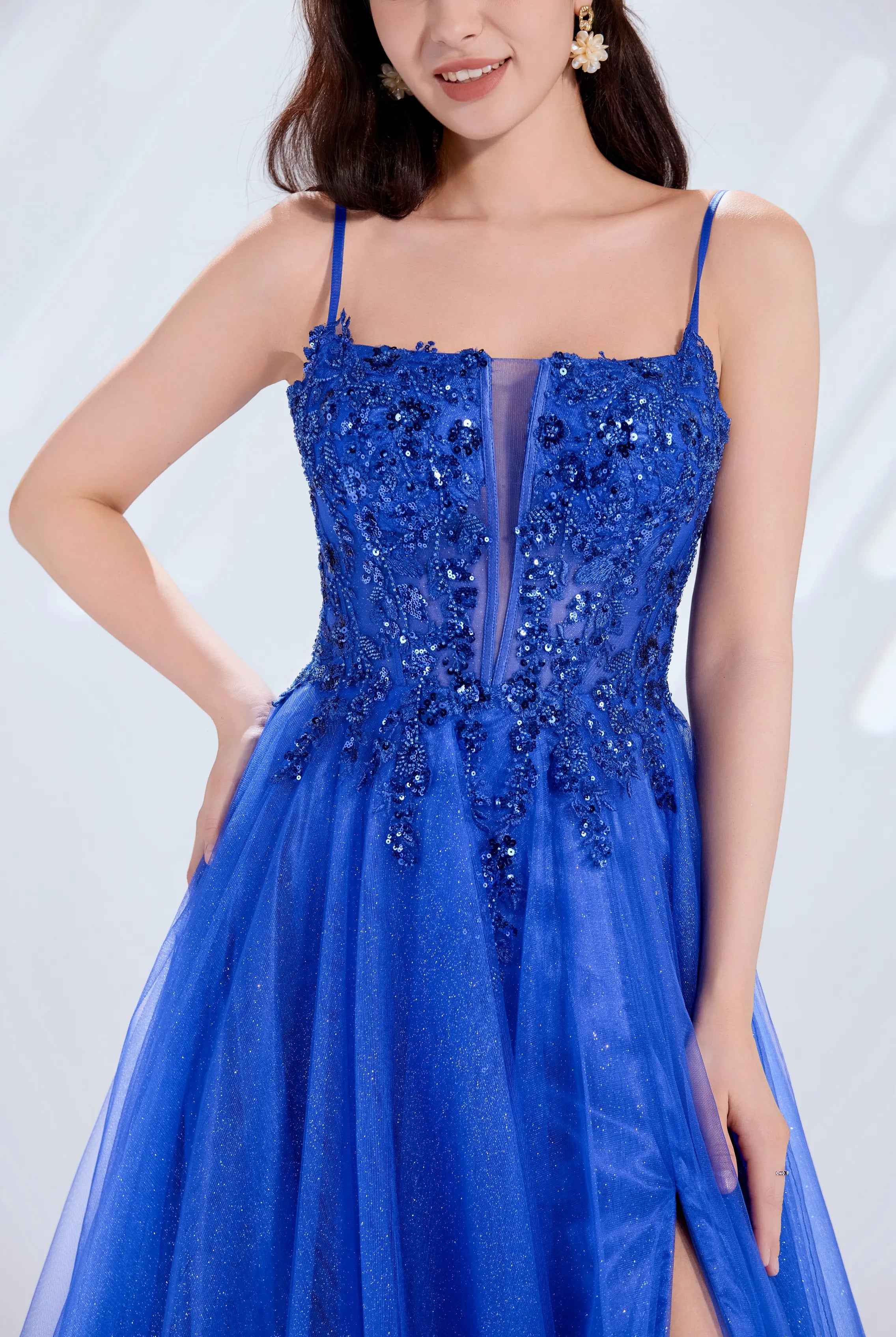 Spaghetti Strap Plunging Corset & Glitter Tulle Prom Dress with High Slit TFB 5030 | blissfulprom