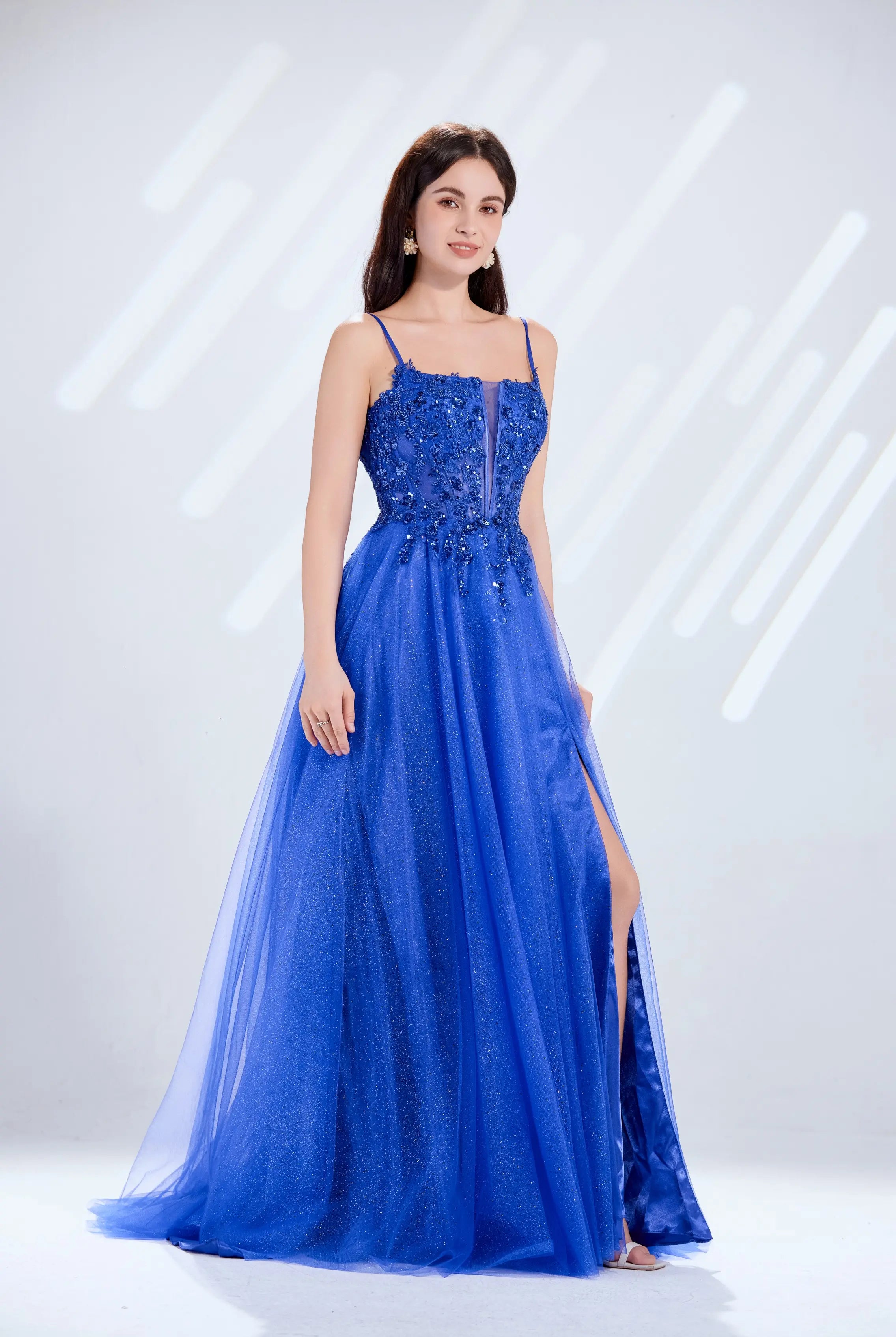 Spaghetti Strap Plunging Corset & Glitter Tulle Prom Dress with High Slit TFB 5030 | blissfulprom