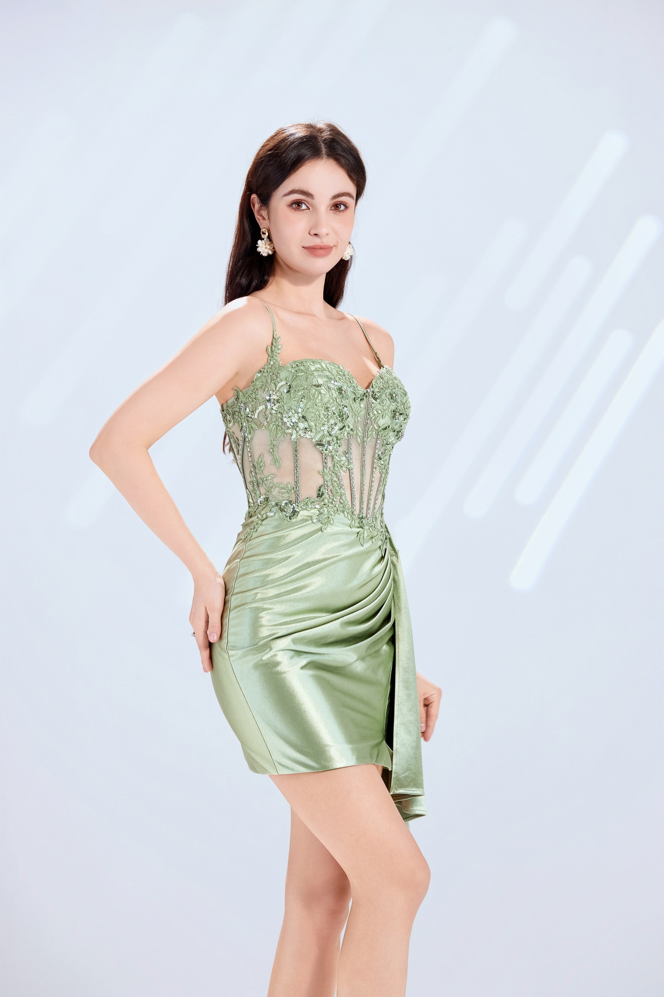 Lace Corset Homecoming Dress with Draped Satin Skirt and Side Train - TFB 5007 | blissfulprom