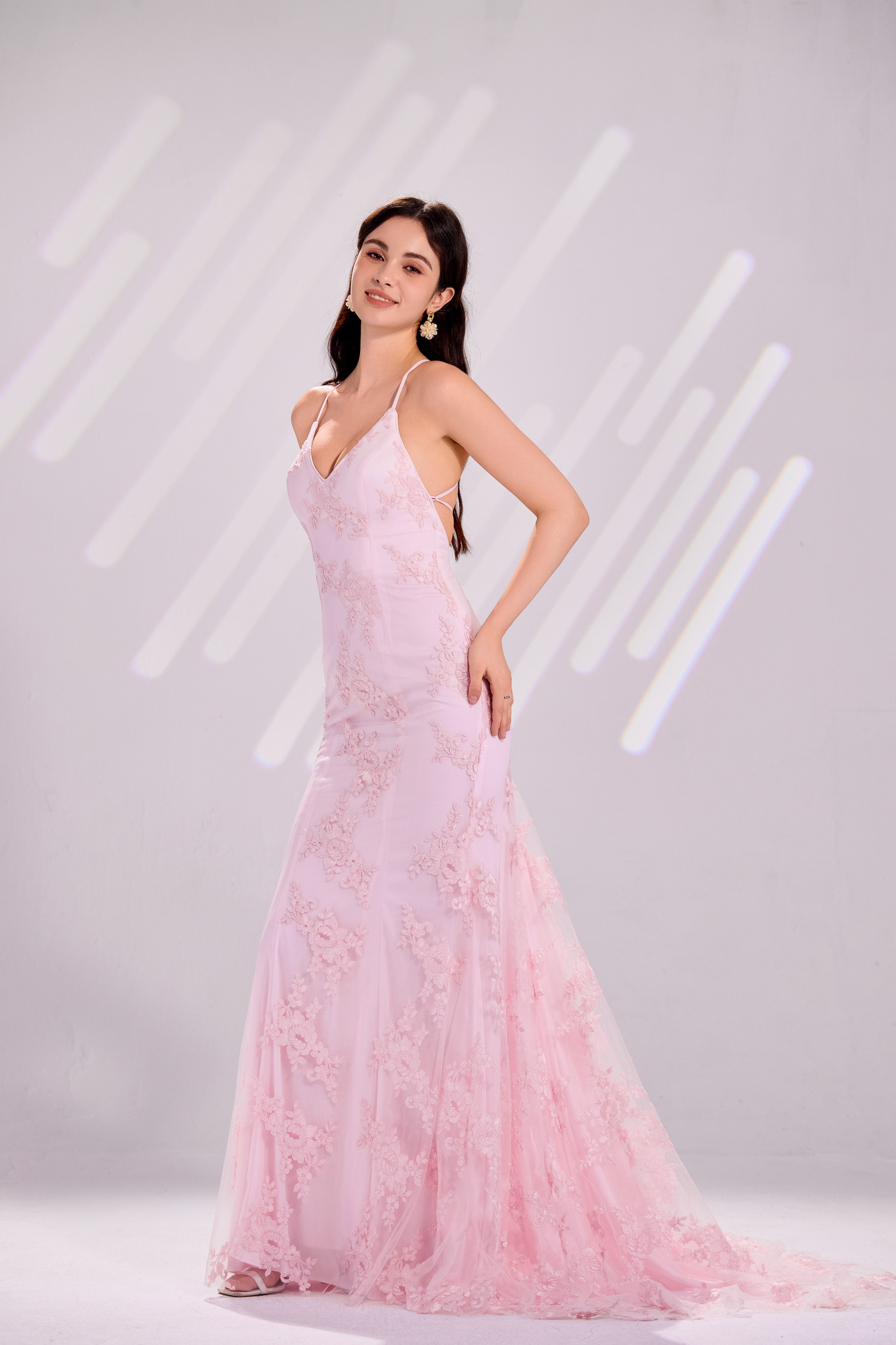 floral lace spaghetti strap gown.